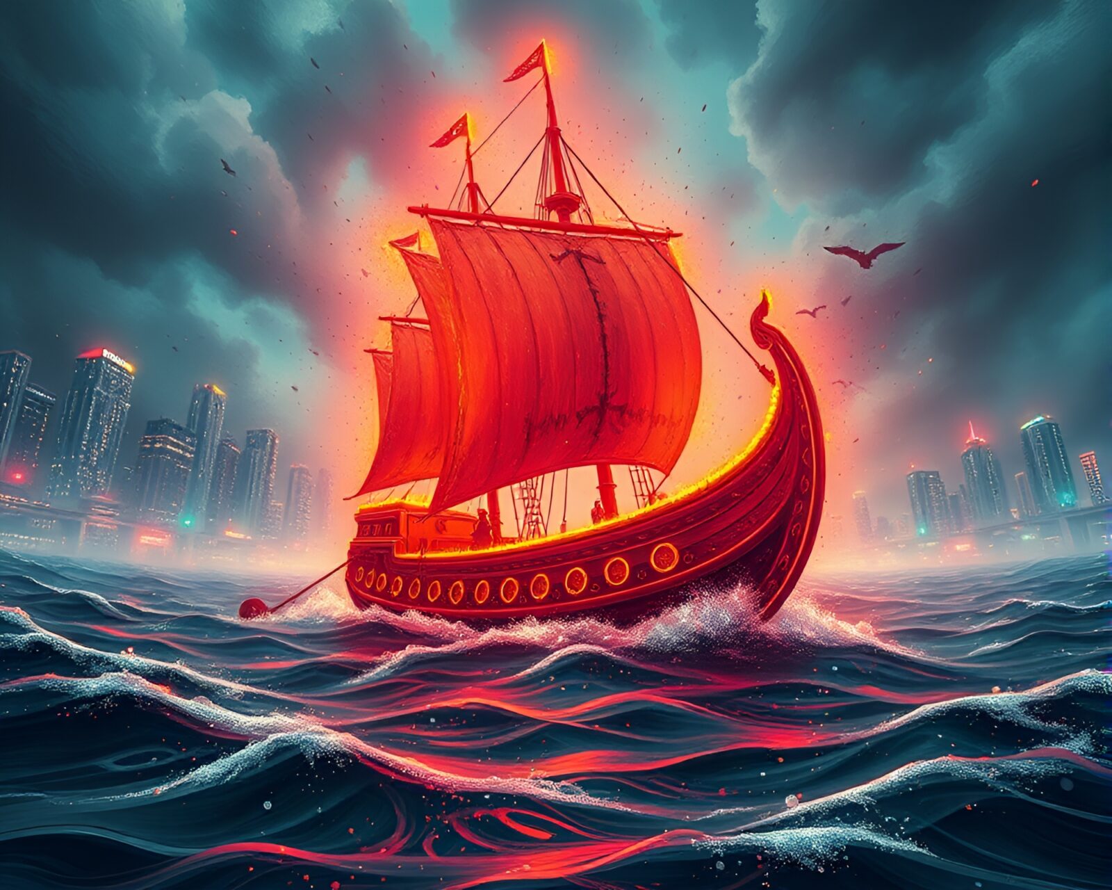 Splatter art style image of vibrant Viking ship in glowing cityscape
