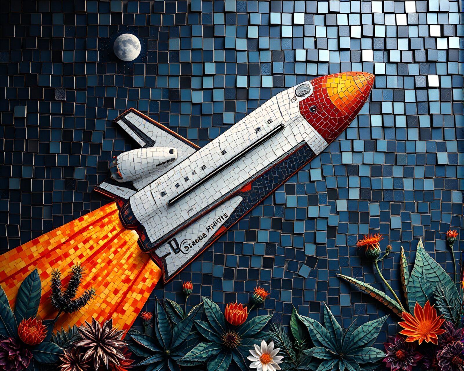 A stunning botanical-themed space shuttle mosaic under theatrical lighting