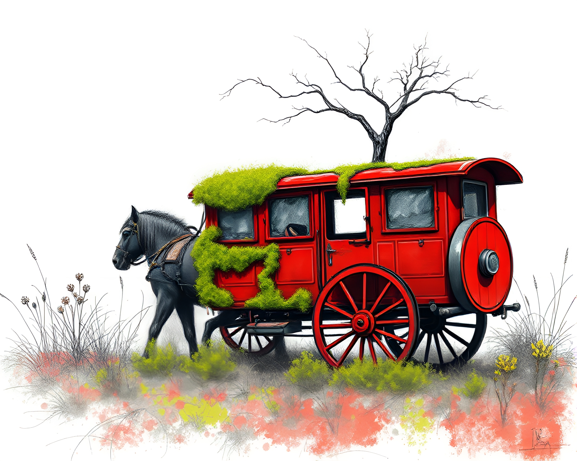 Moss-Covered Stagecoach Journey Through Dusky Forest – free AI stock image