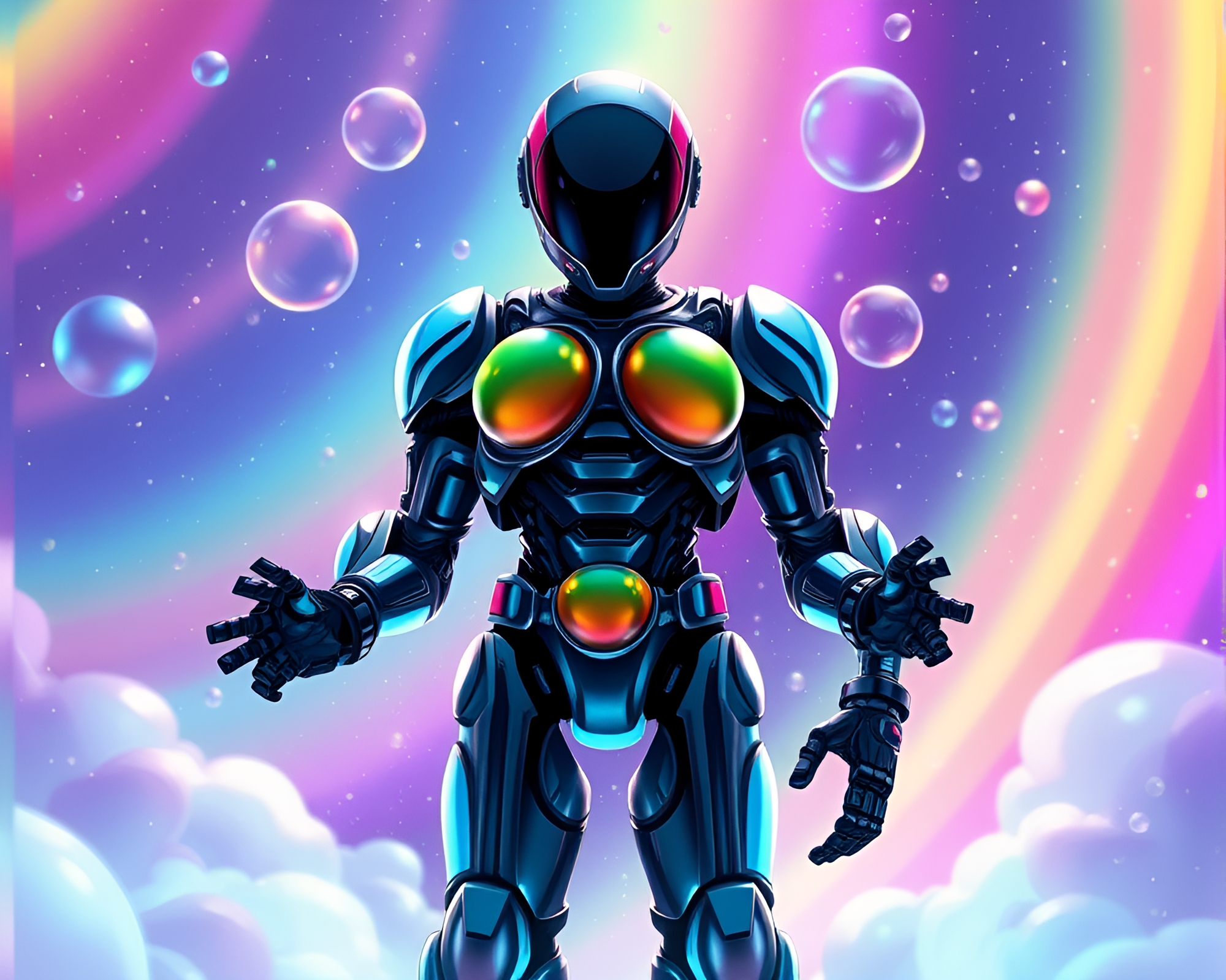 Cosmic Bubble Clusters in Toon Exoskeleton Suit – free AI stock image