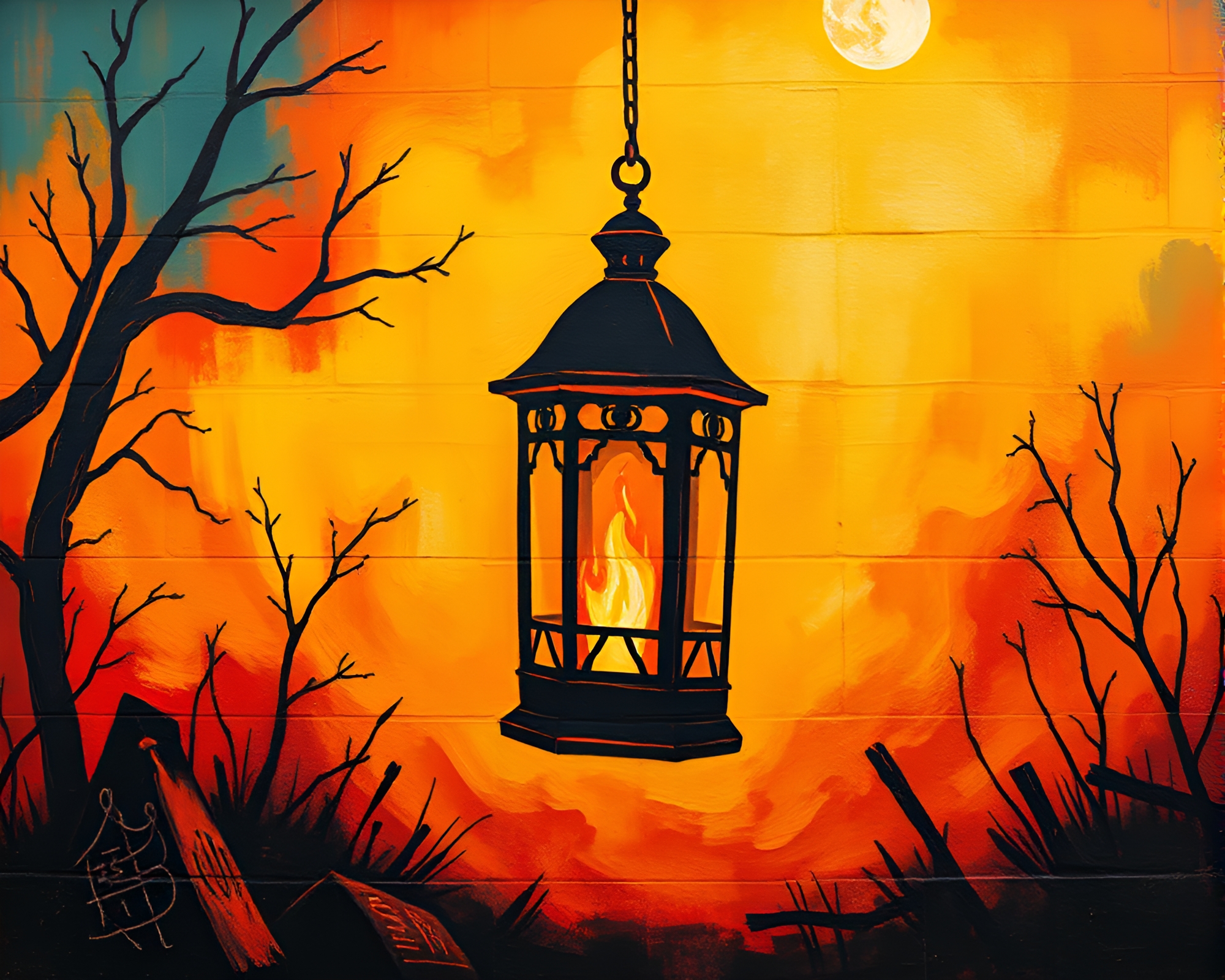 Enchanting Lantern-Lit Mural with Bonfire Glow – free AI stock image