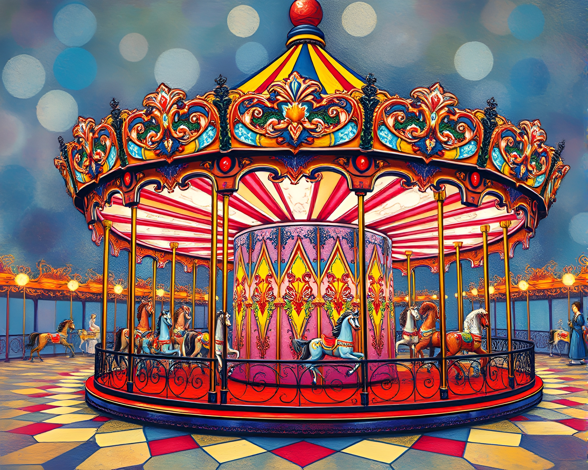 Vibrant Carousel Geometry in Egg Tempera Style – free AI stock image