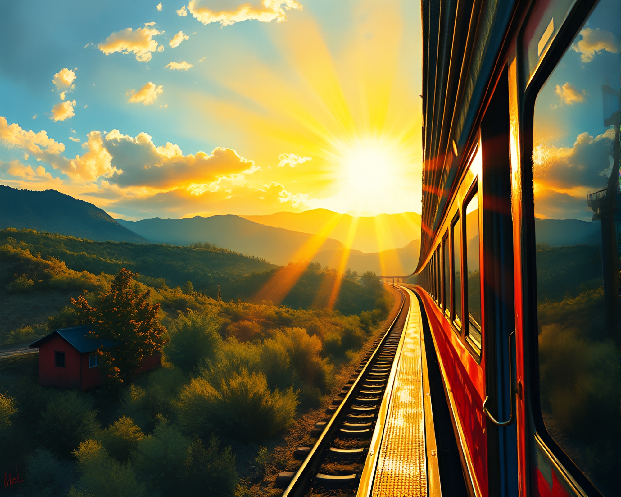 Surreal Train Ride Through Sunbeam Fresco Painting – free AI stock image