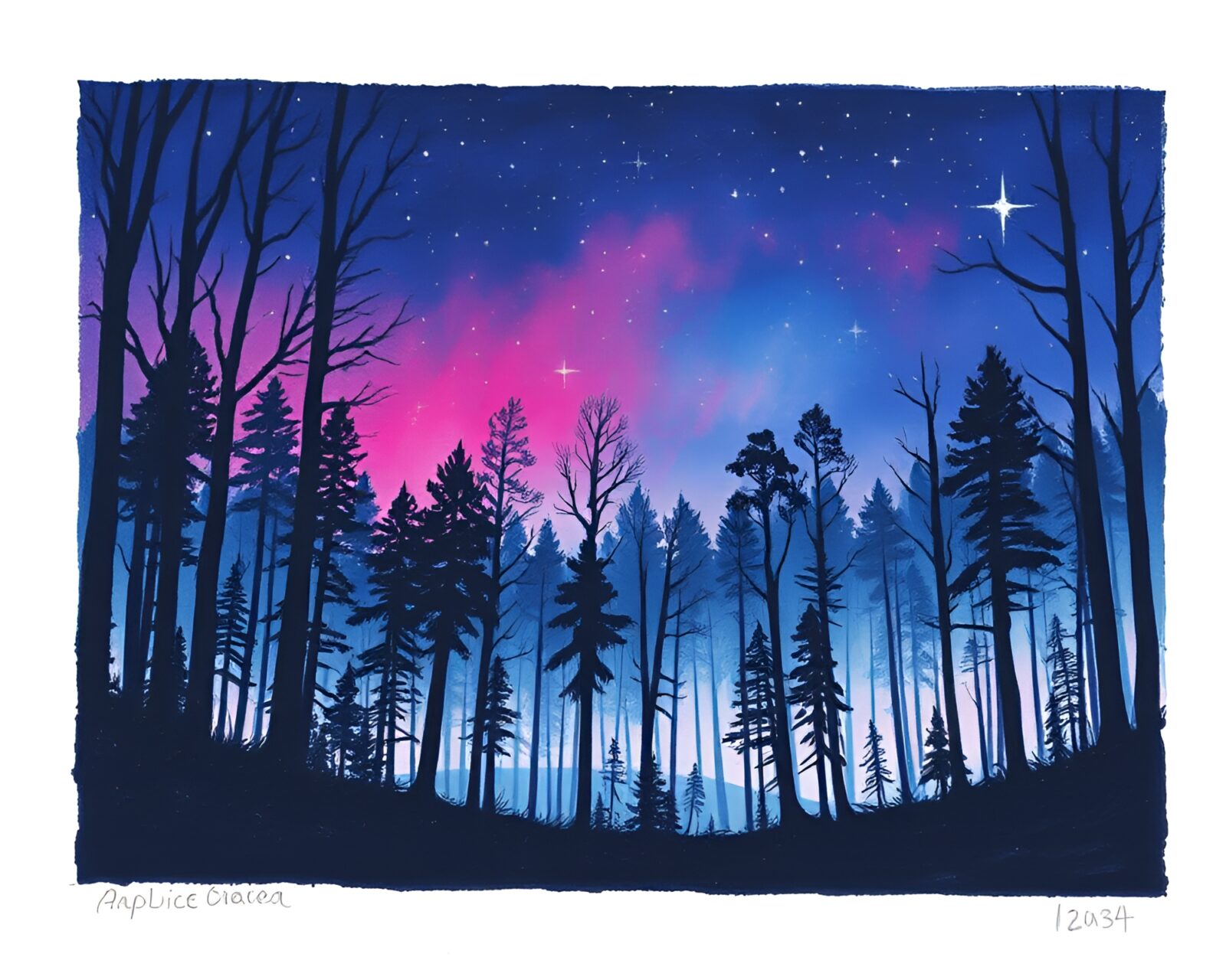 Glowing forest scene at dusk in conté crayon art