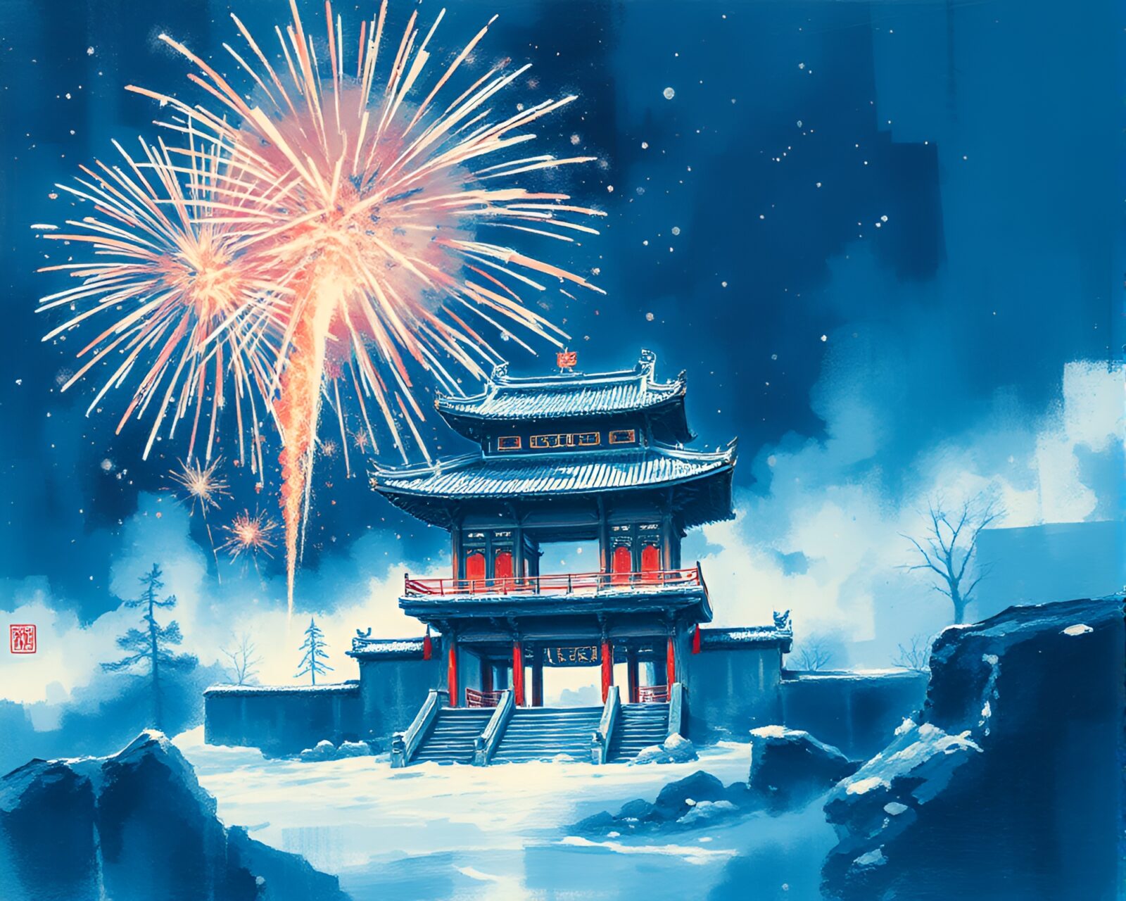 Ethereal ice-blue temple fireworks painting in sumi-e style
