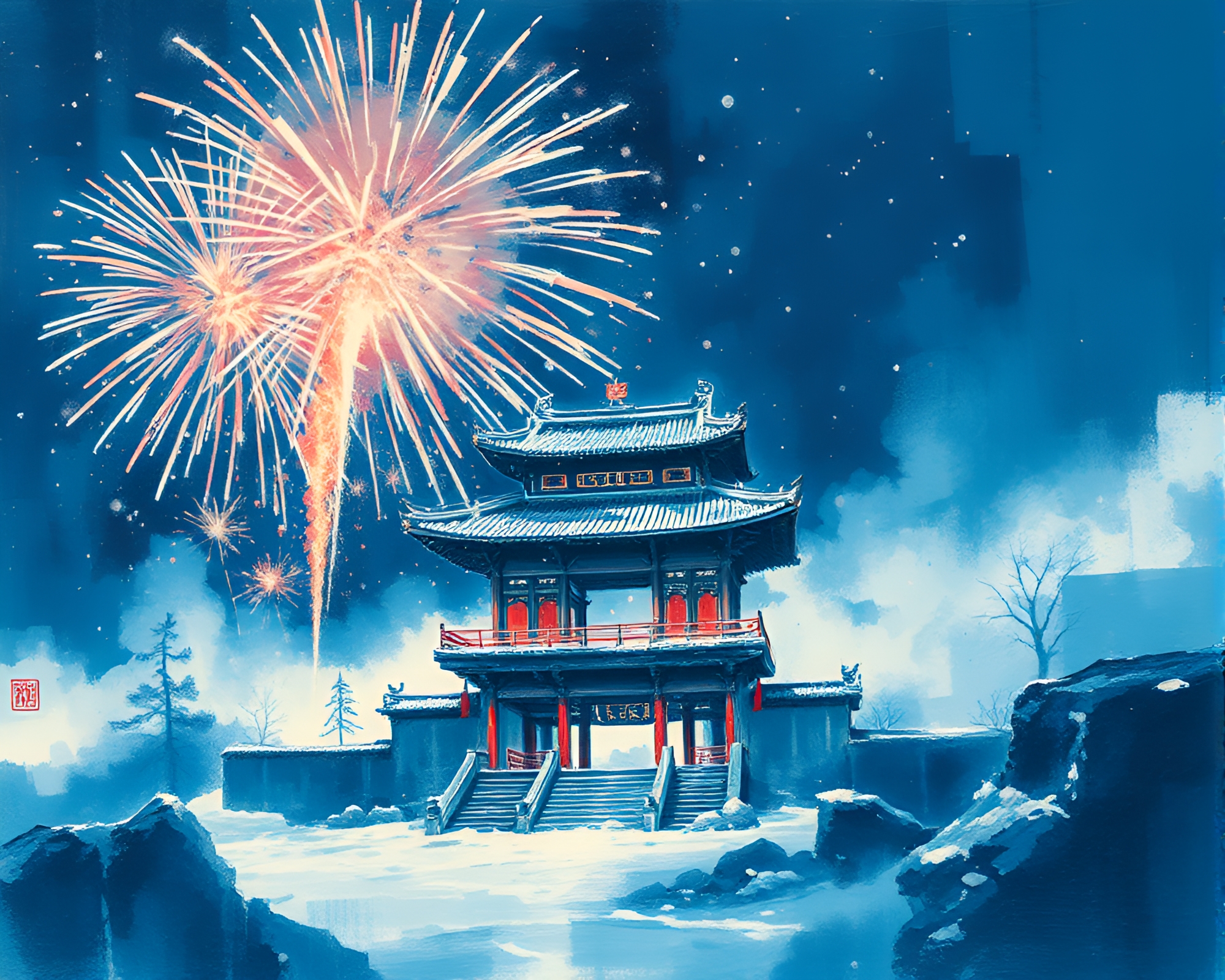 Temple Fireworks Display in Ethereal Ice-Blue Sumi-e Style – free AI stock image