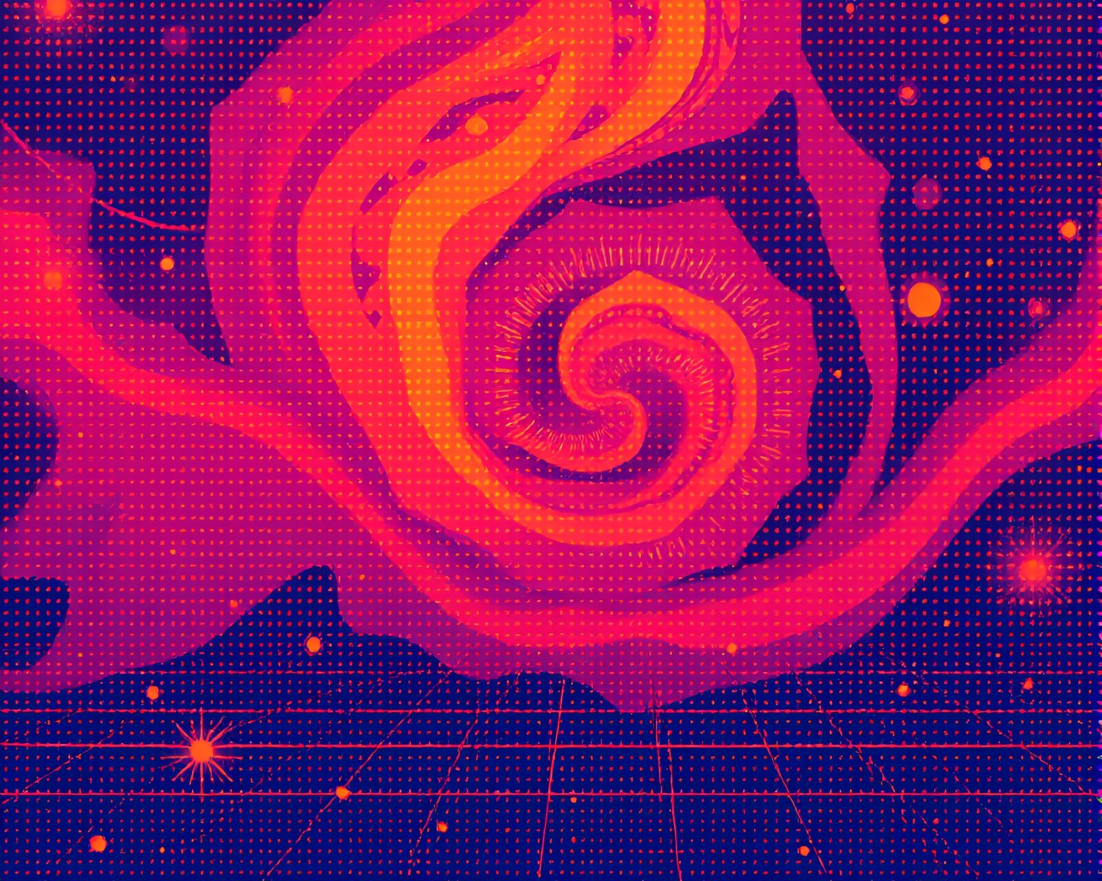 Abstract artwork of swirling patterns in orange and halftone grid