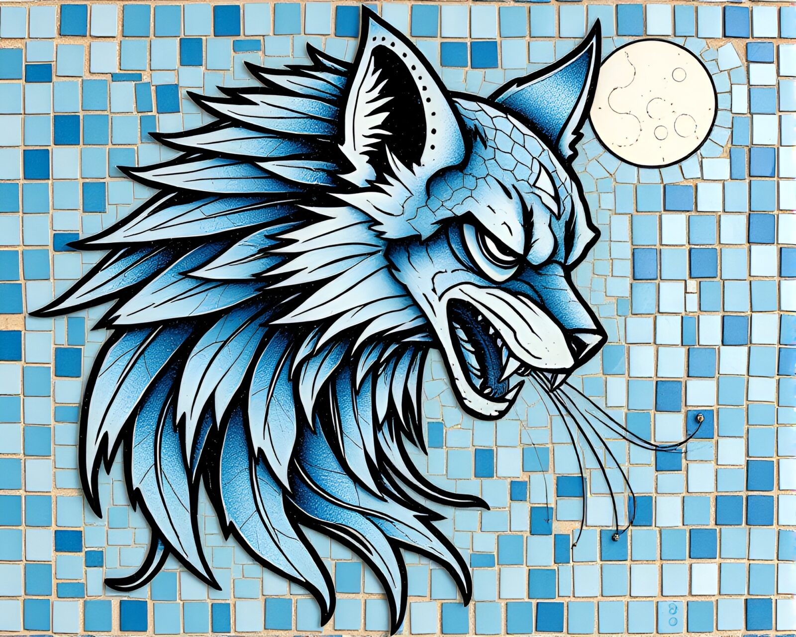 Gothic fantasy mosaic artwork showcasing a Banshee in arctic blue colors