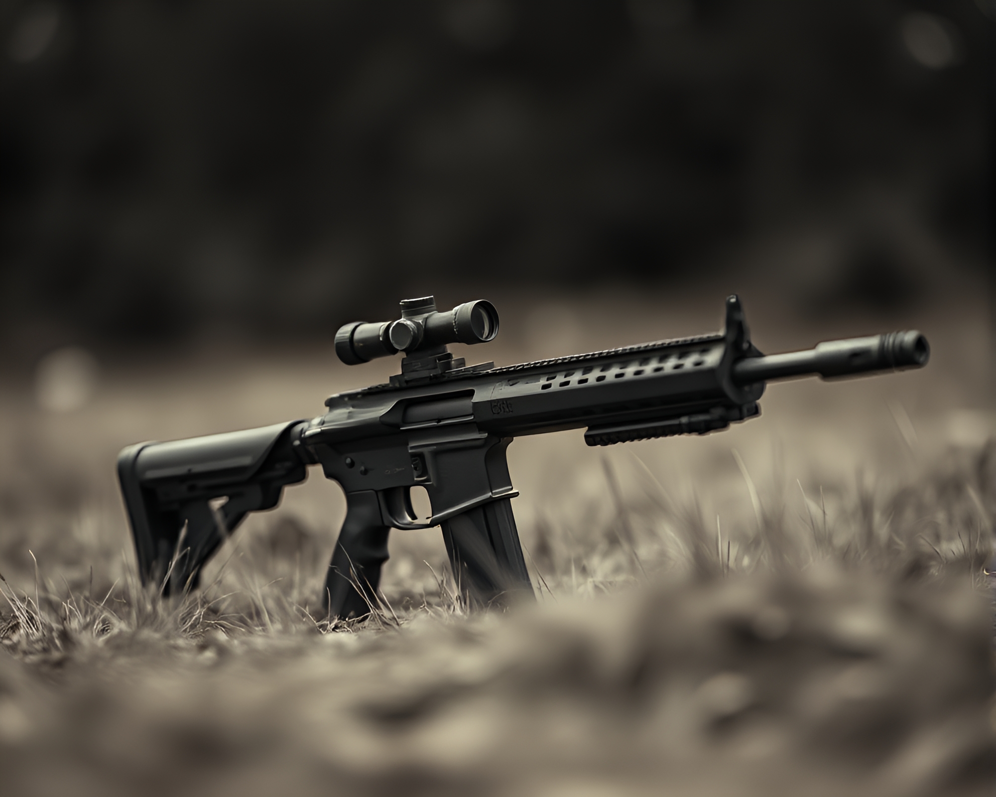 Plasma Rifle in Eerie Earth-toned Space – free AI stock image