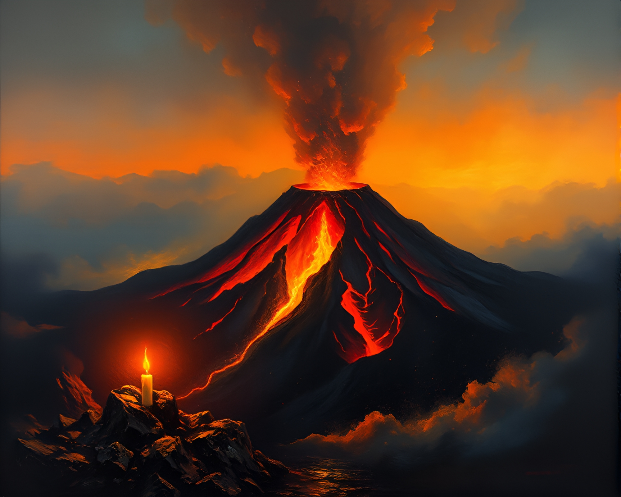 Volcanic Crater Illuminated by Candlelight: Oil Painting – free AI stock image