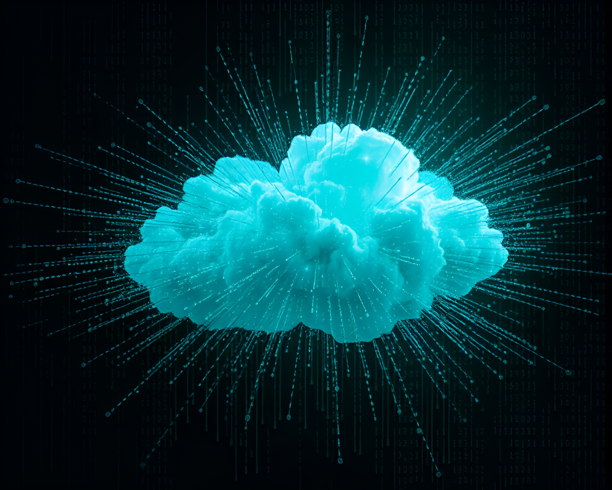 Binary Code Explosion Cloud in Teal Algorithmic Art – free AI stock image