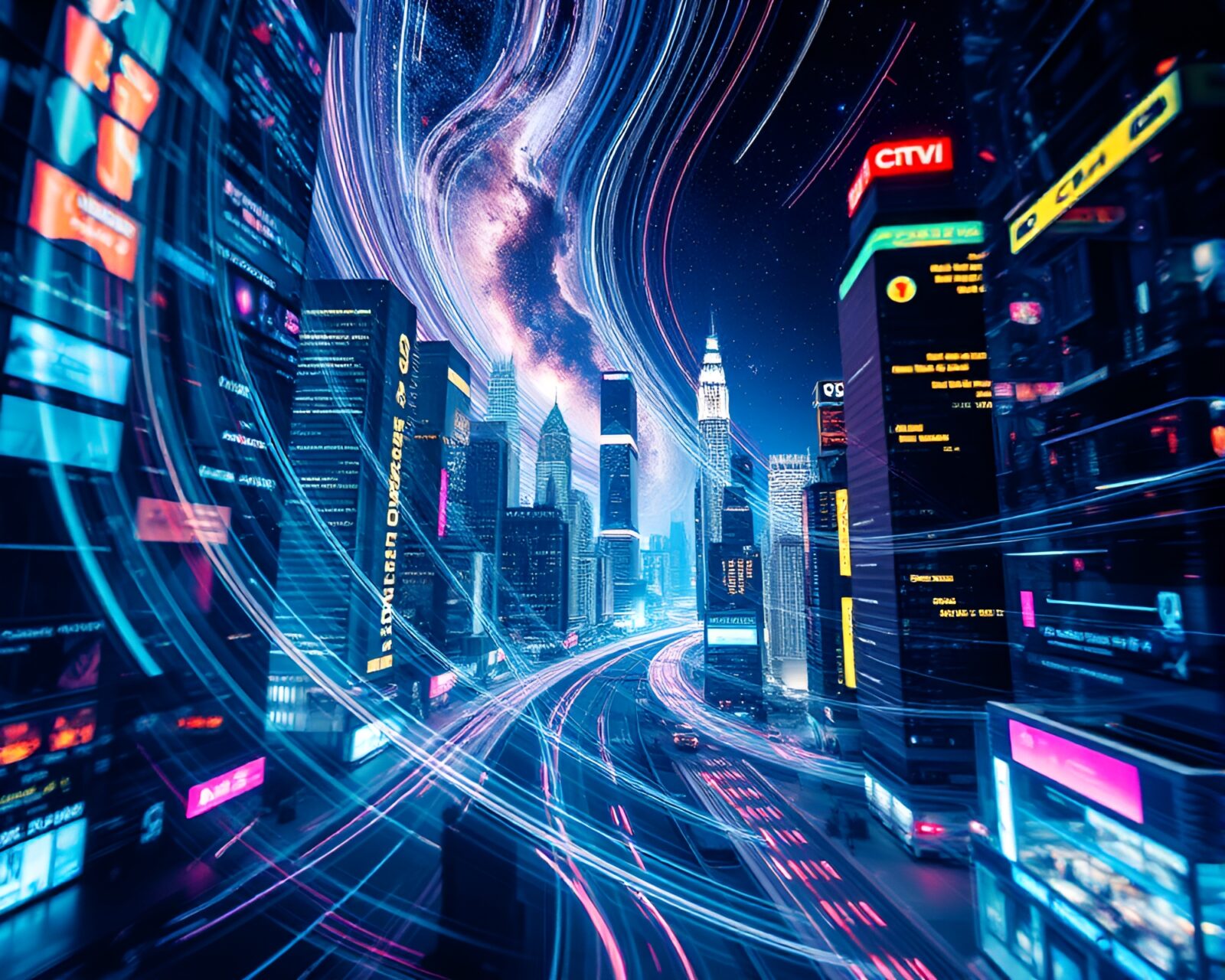 City skyline with galaxy swirls intertwined in a collage