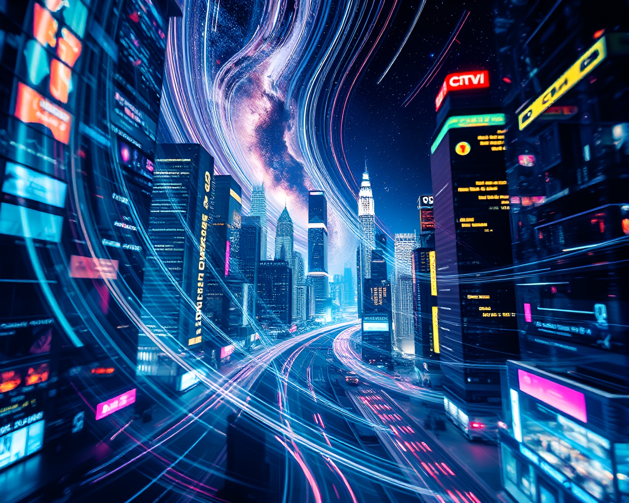 Futuristic Cityscape with Milky Way Swirl Photocollage – free AI stock image