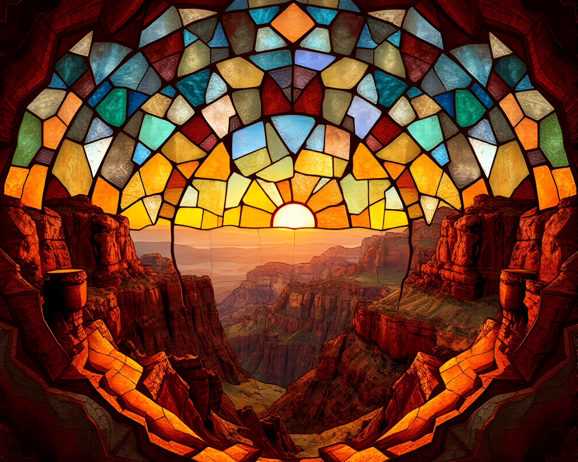 Rust-Toned Stained Glass Dome: Kaleidoscope Fragments ASCII Art – free AI stock image