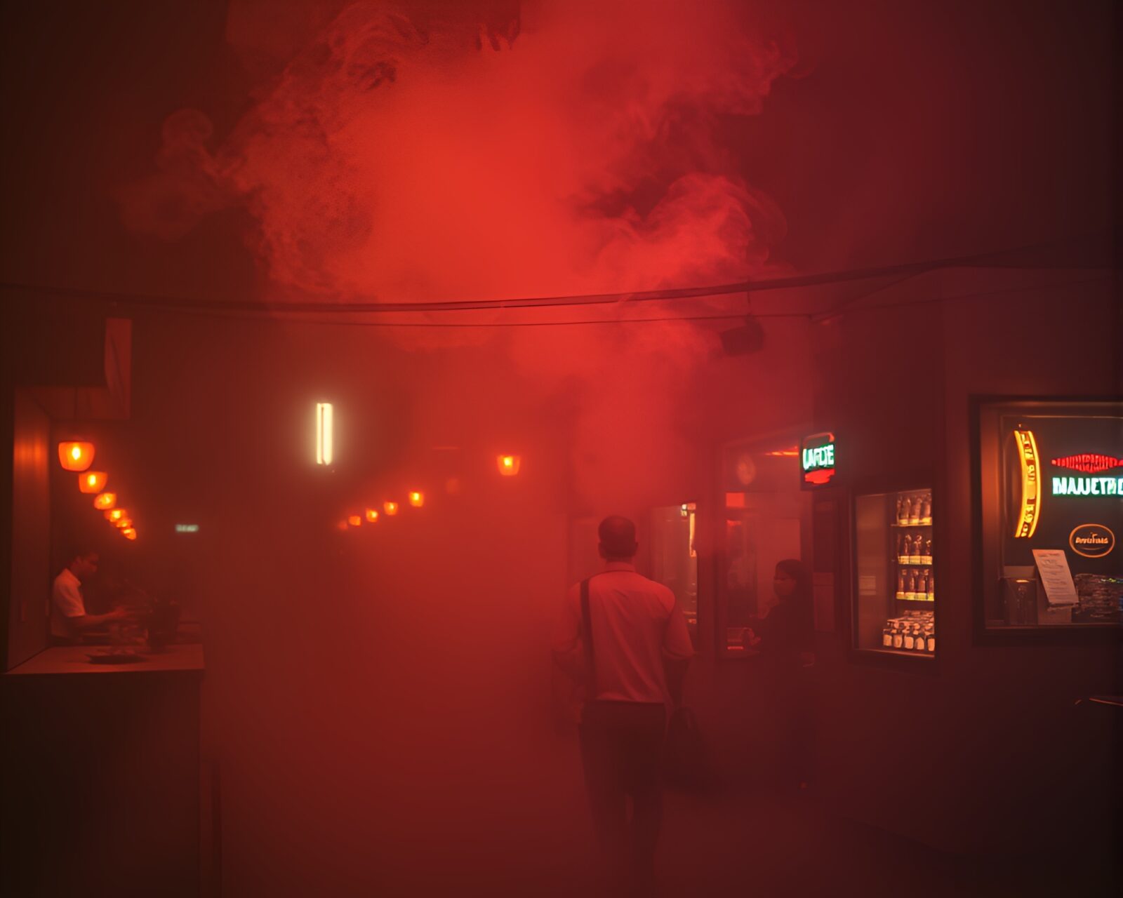 Baguette floating in dreamlike steam with neon lights