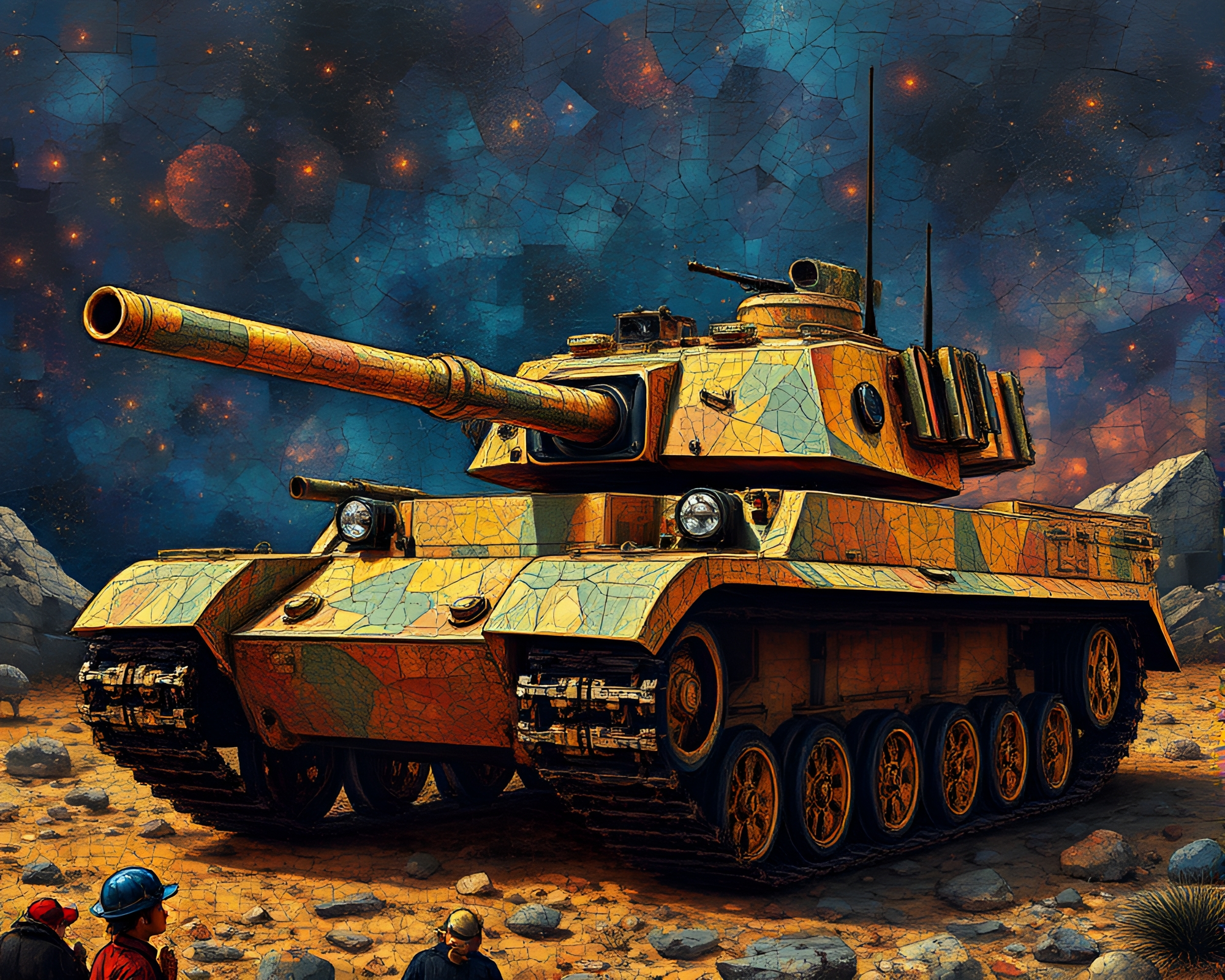 Armored Tank in Mosaic Illumination on Cracked Earth – free AI stock image