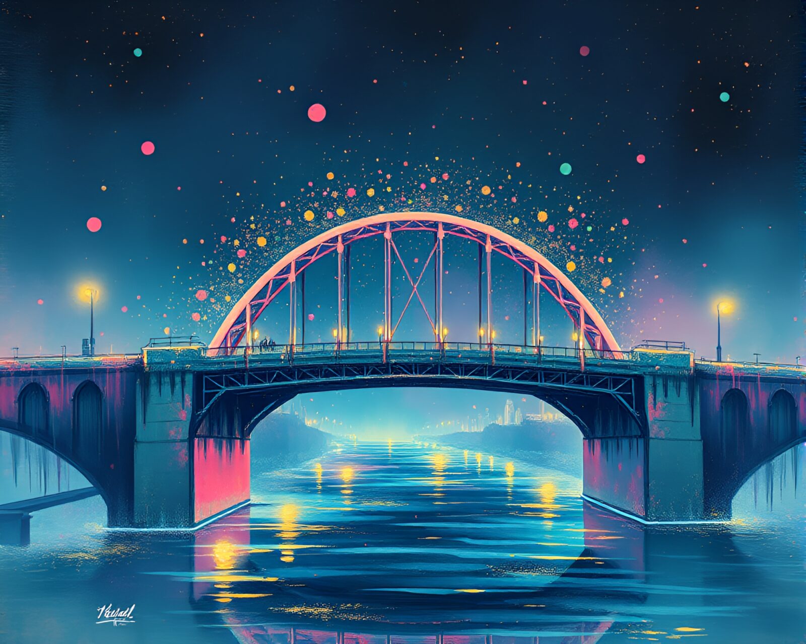 Illustration of futuristic bridge in neon graffiti-filled cityscape