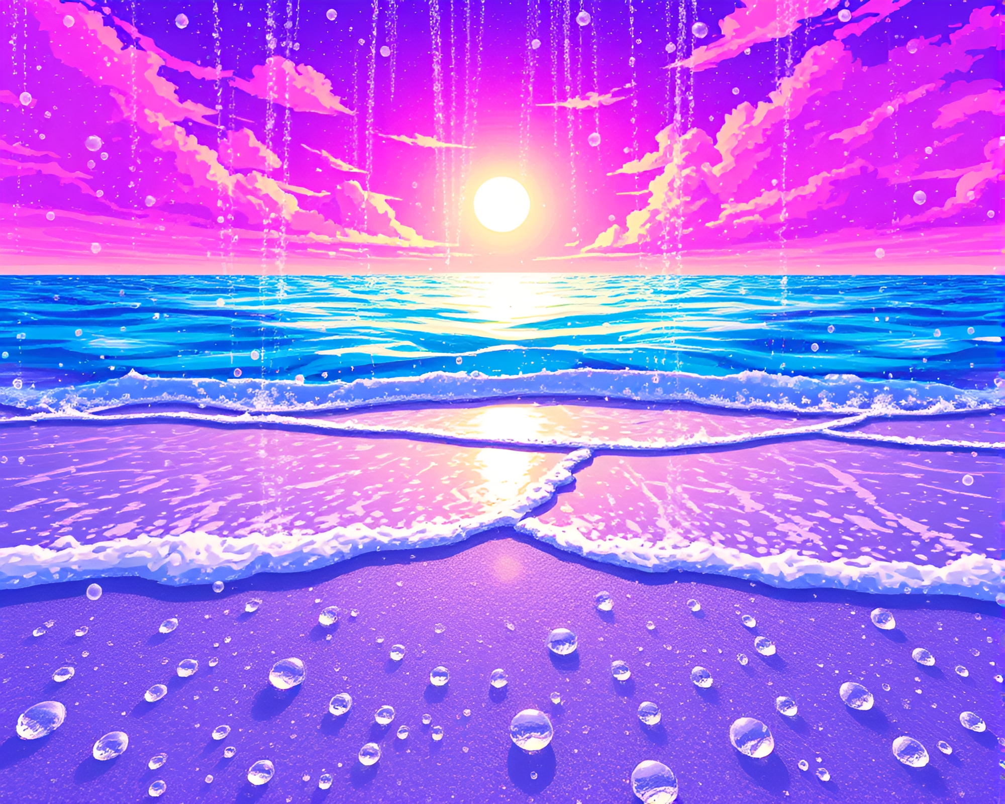 Pixel Art Beach Scene with Ultraviolet Water Droplets – free AI stock image