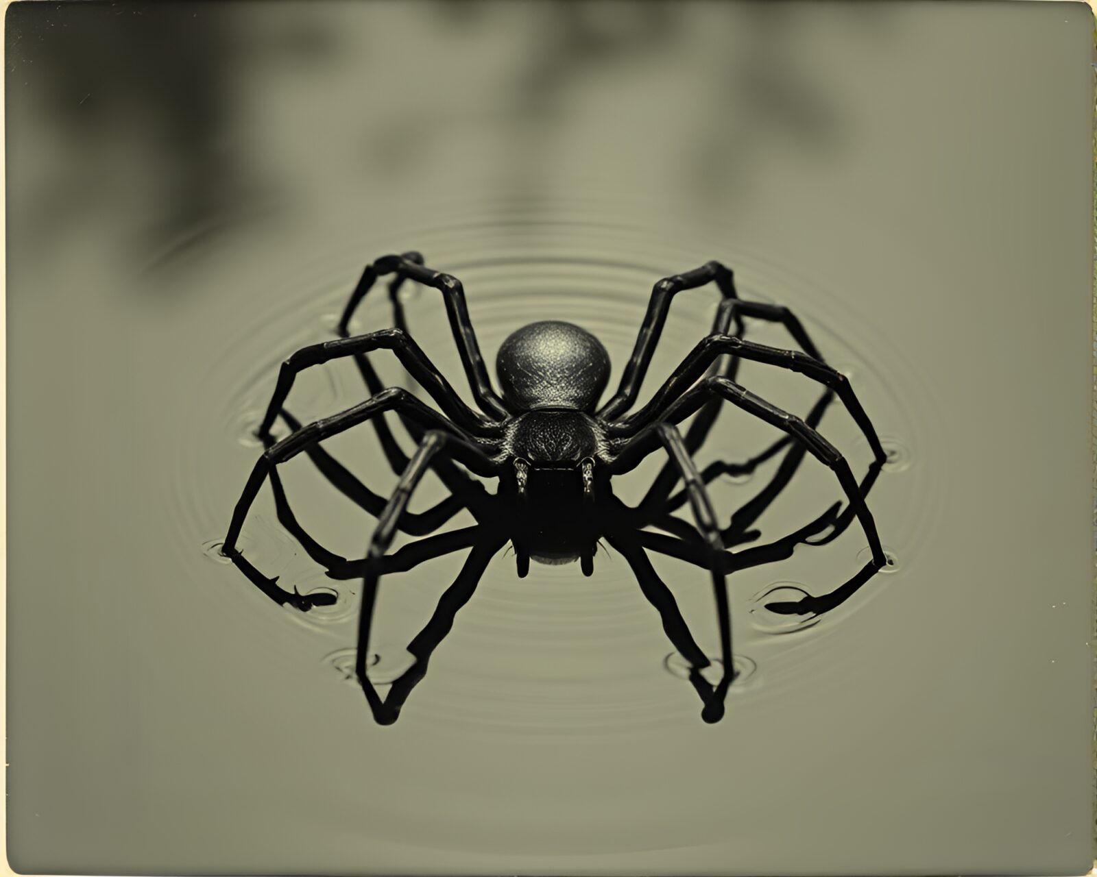 High-contrast noir image of a mechanical spider on rippling water