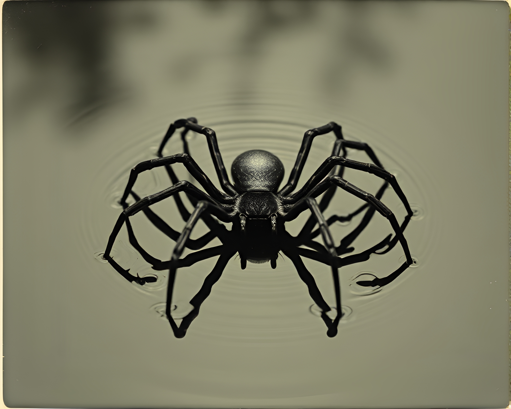 Vintage Mechanical Spider Reflecting in Water Ripples – free AI stock image