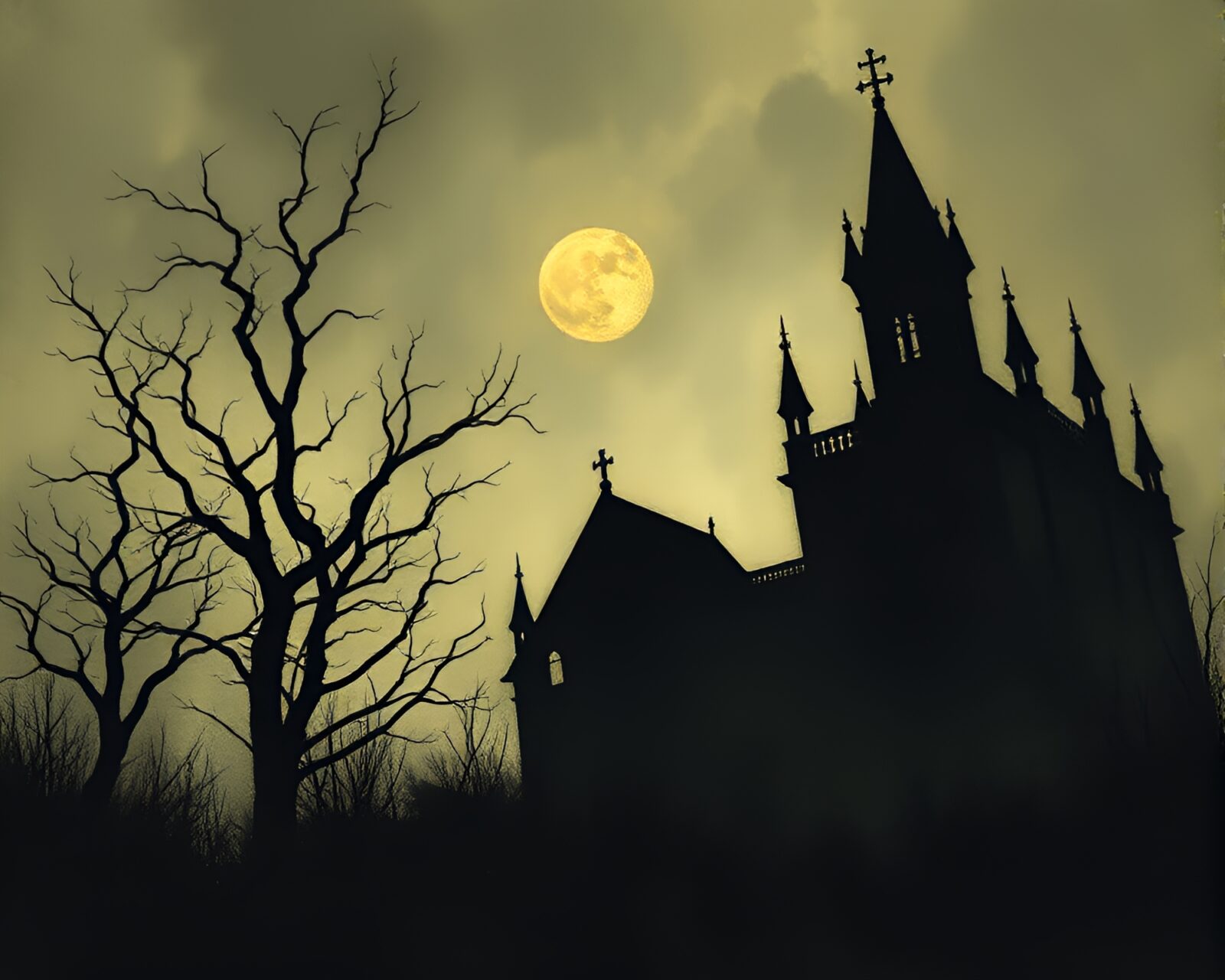 Dark silhouette figures in eerie gothic gouache art