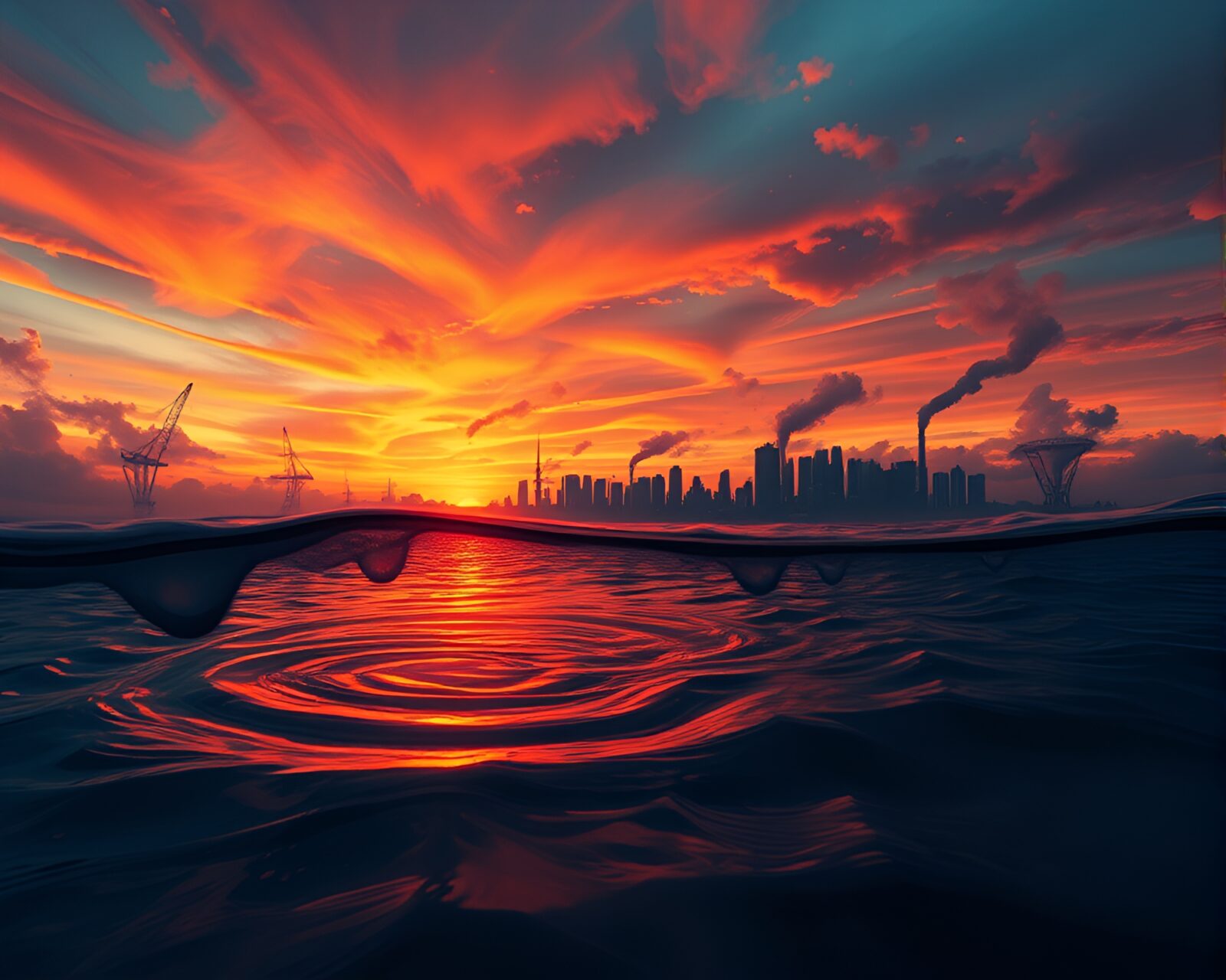 Sunset colors over a glowing underwater dome with smoke rings