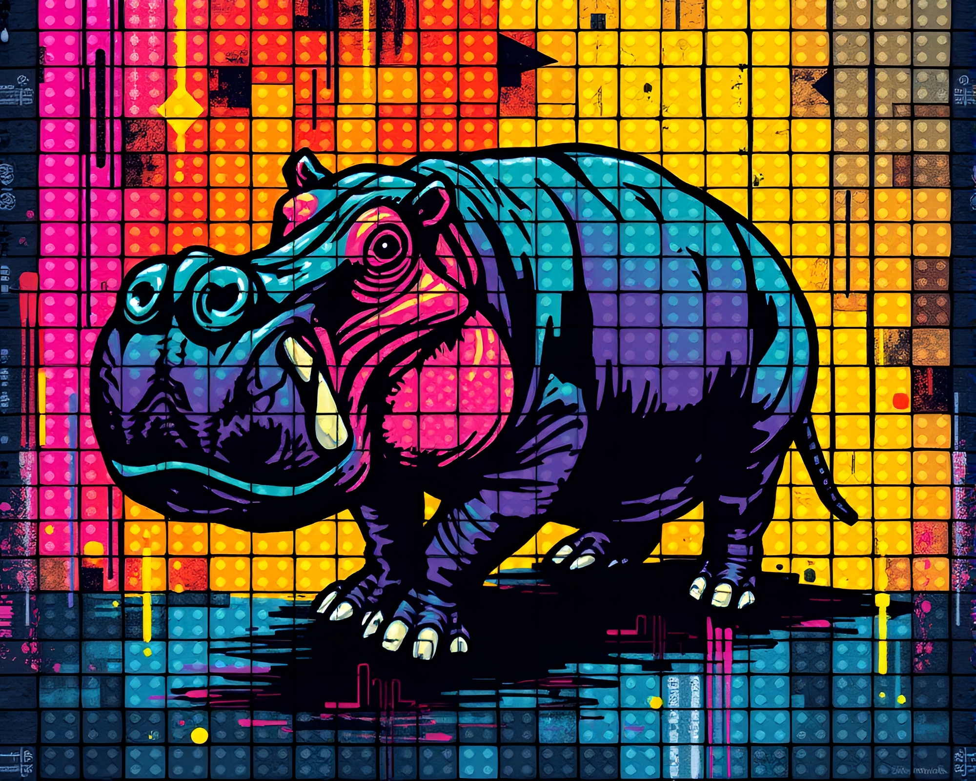 Neon Hippopotamus Graffiti Art – free AI stock image