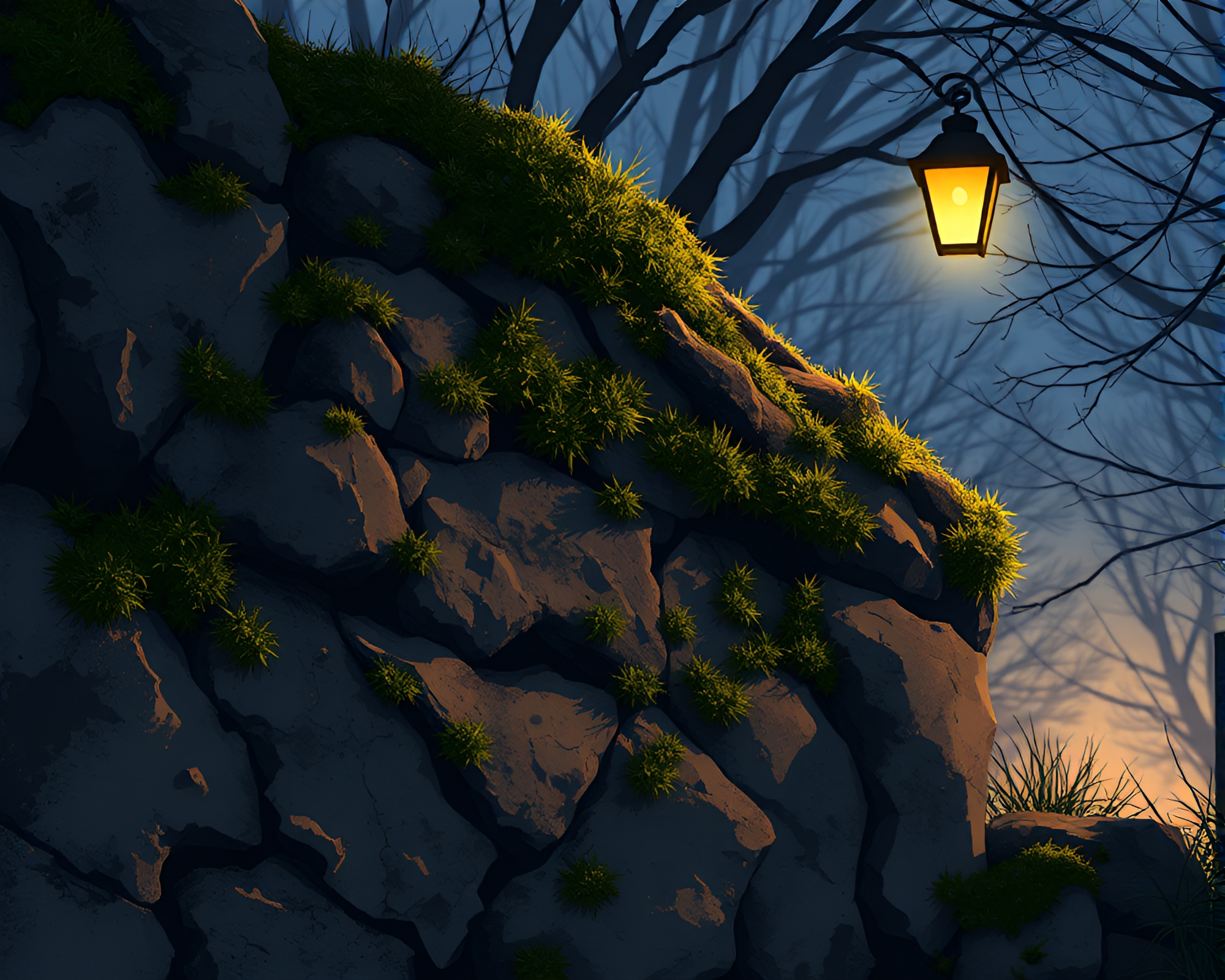 Moss-Covered Rock Silhouette in Porchlight Glow – free AI stock image