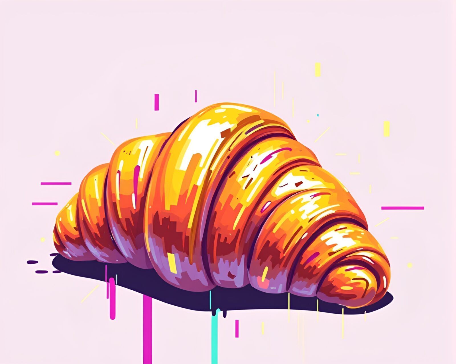 Vibrant glitched croissant against abstract color backdrop