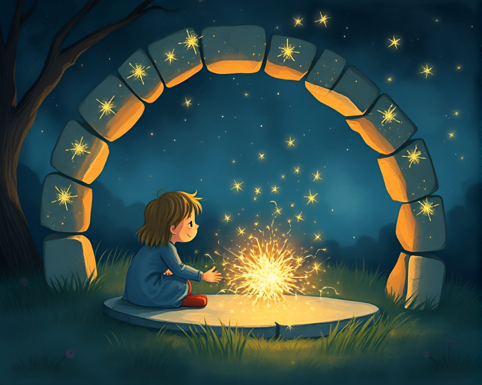 Illustration of children playing in enchanted stone circle