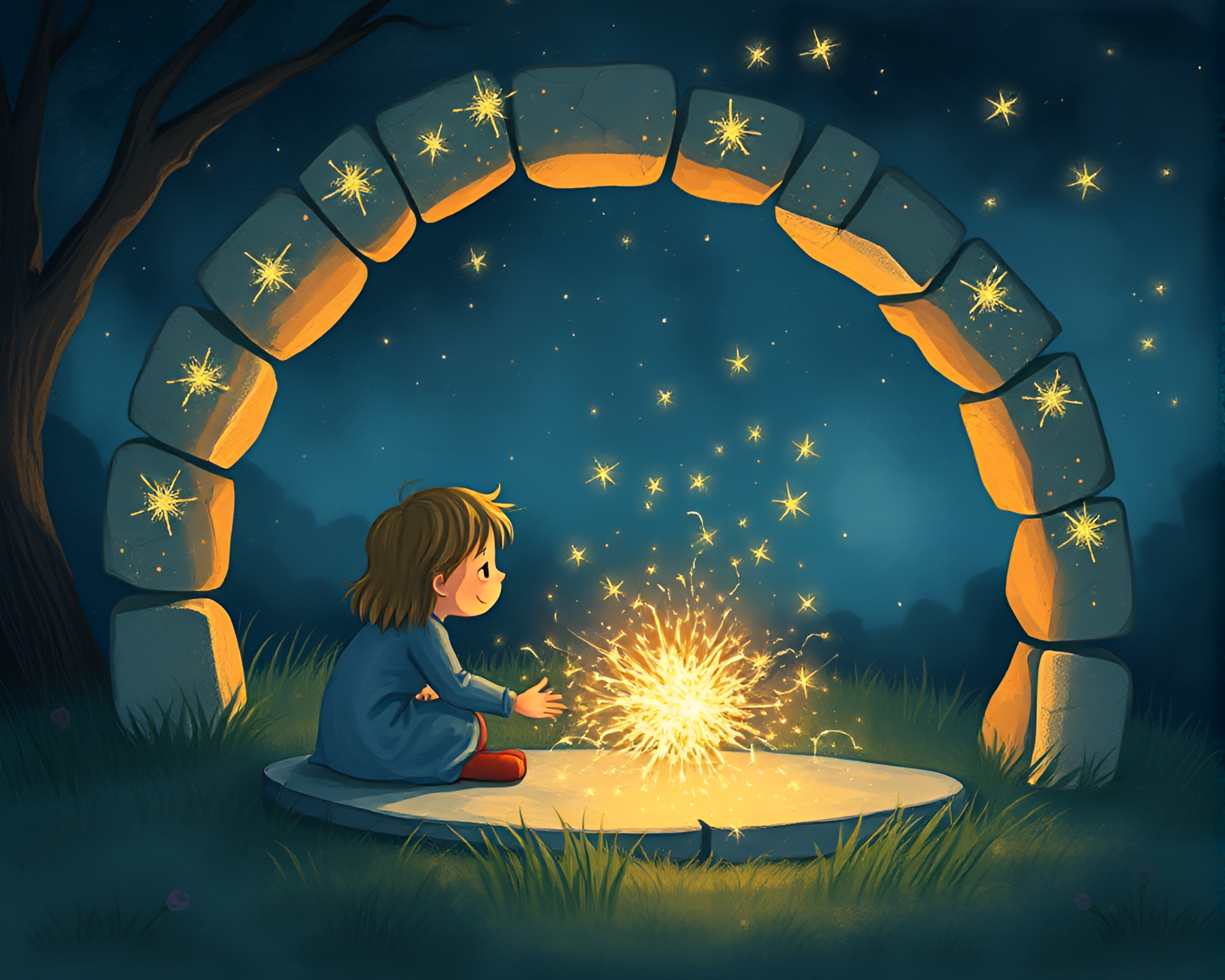 Whimsical Stone Circle Encounter with Fairy Lights – free AI stock image