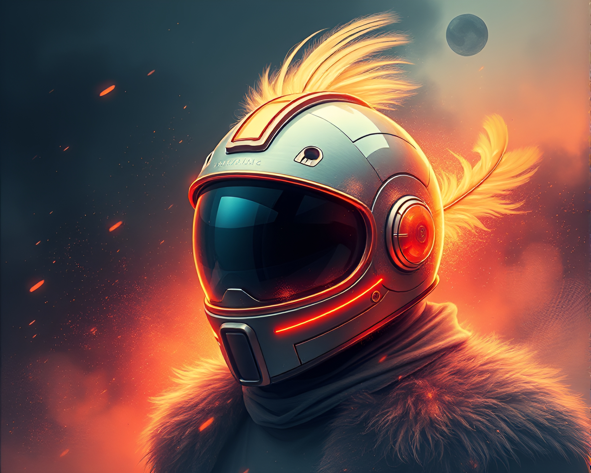 Futuristic Feather Dusting Warrior with Light Leaks Helmet – free AI stock image