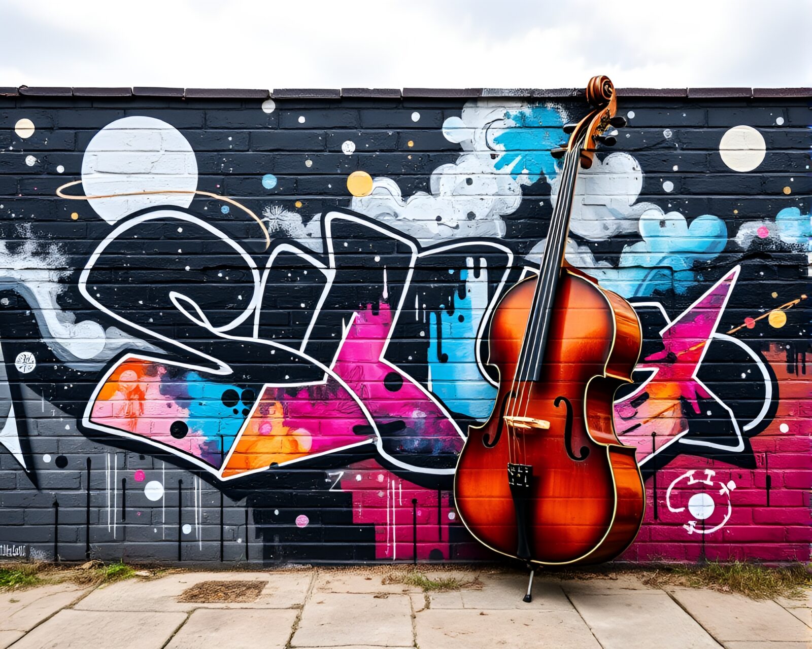 Black and white mural of cosmic cello orchestra