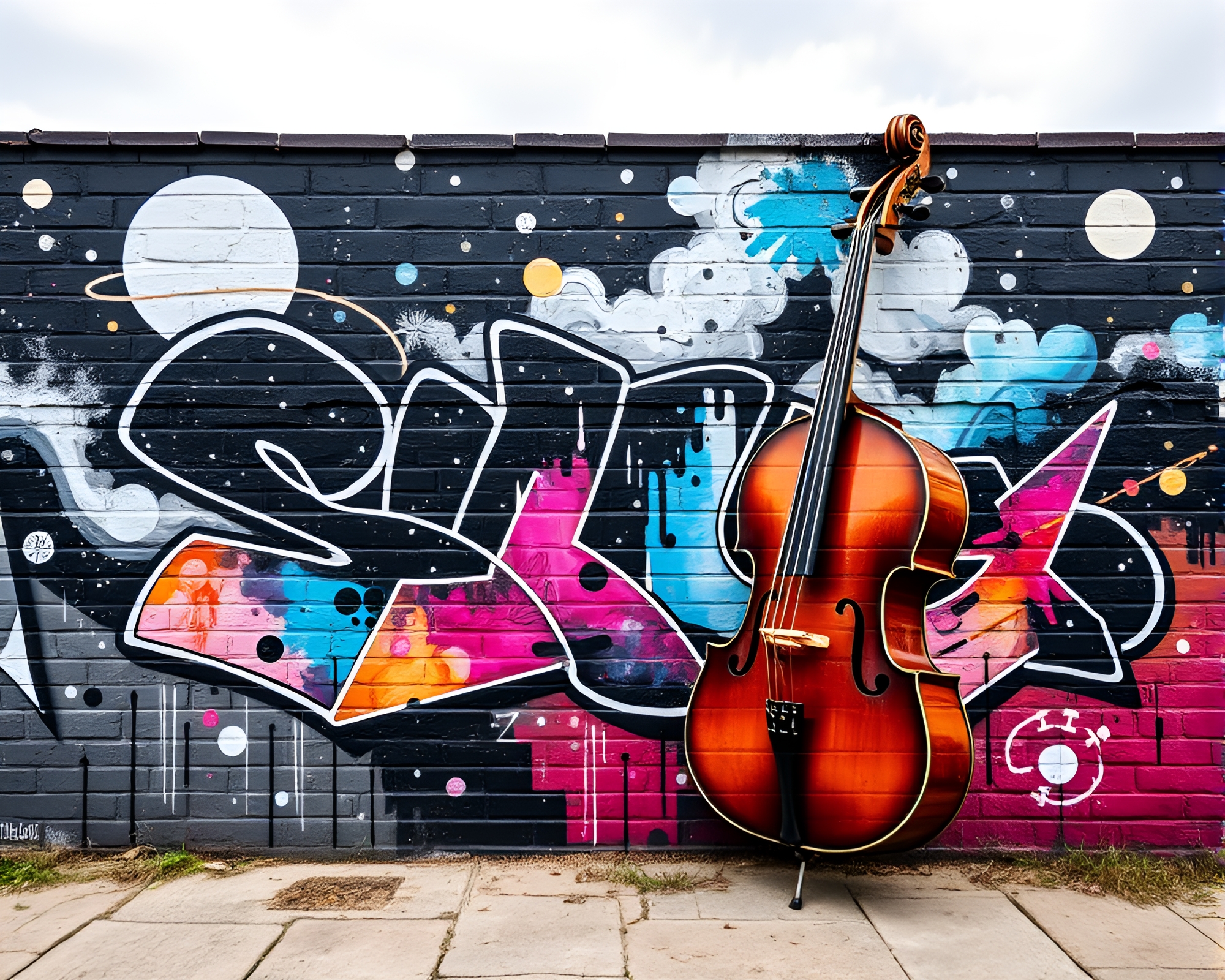 Galactic Cello Symphony in Monochrome Mural – free AI stock image