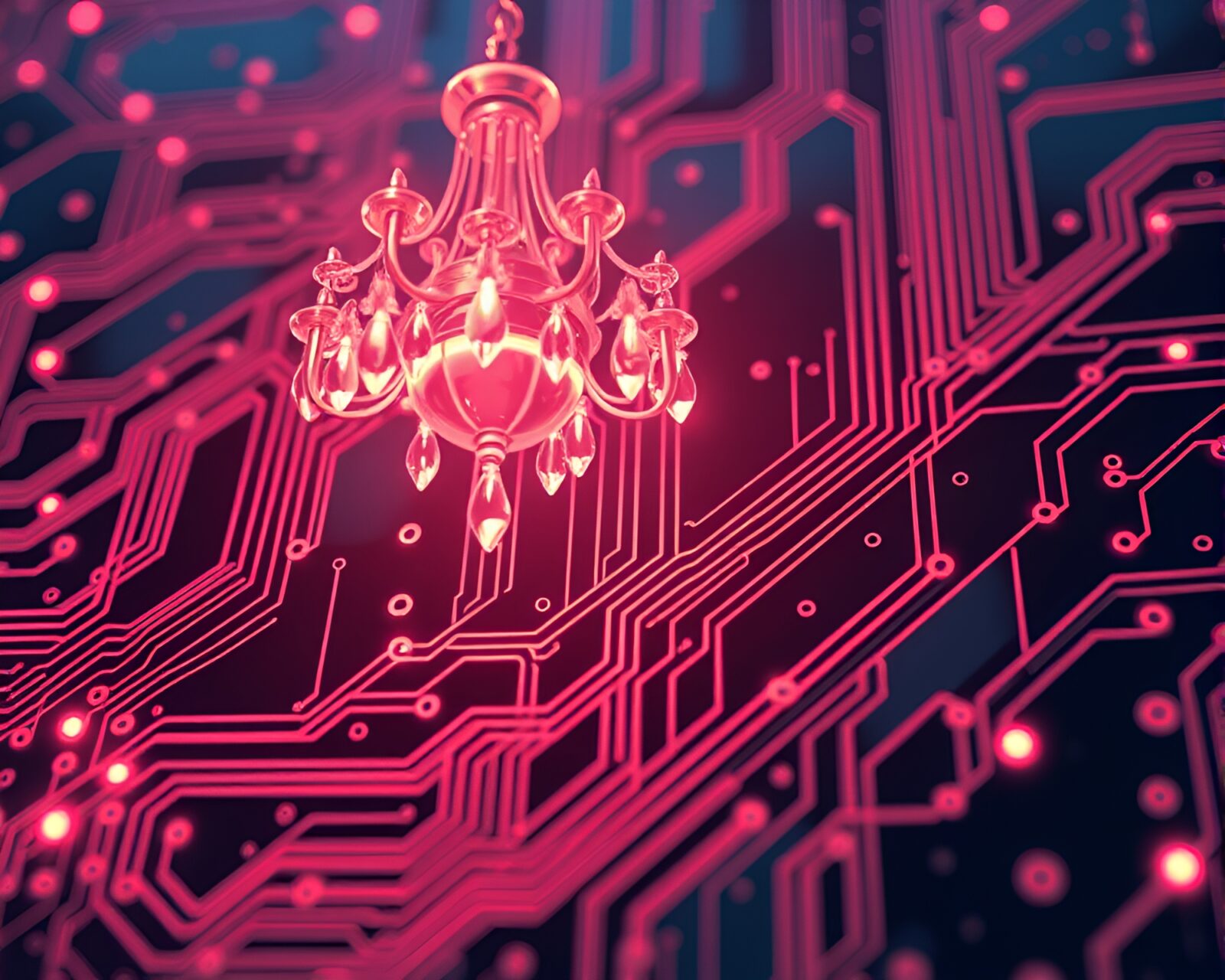 Futuristic circuit board with elegant crystal chandelier illuminating in peachy light