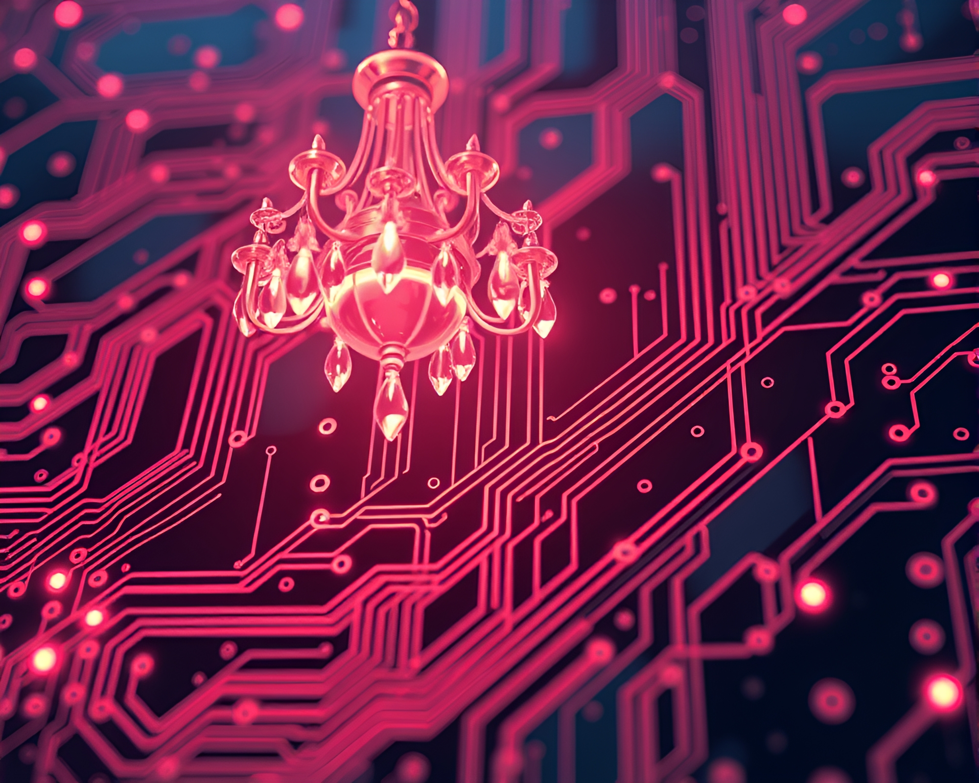 Manga-style Circuit Board with Crystal Chandelier Glow – free AI stock image