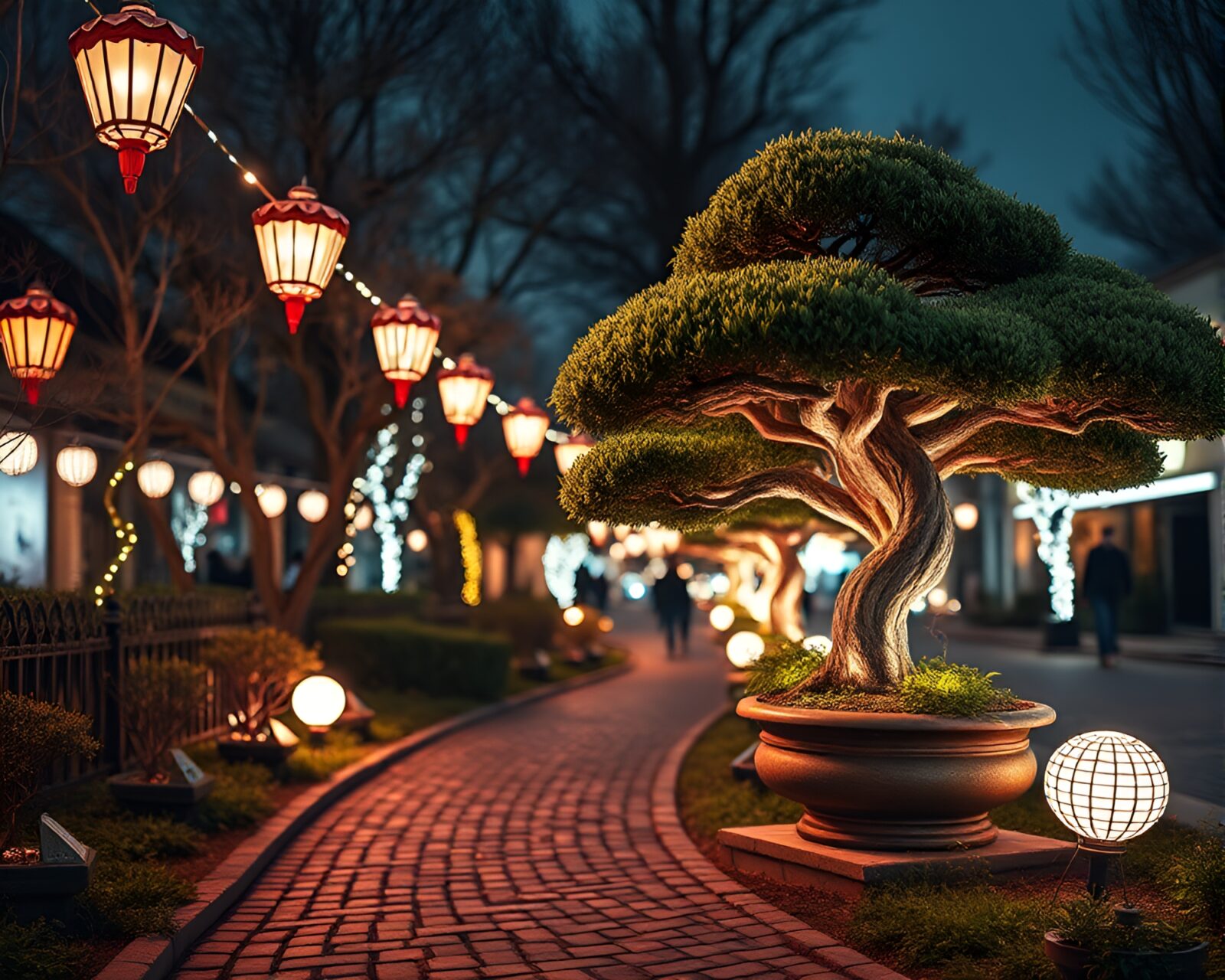 Stereograph showing cobblestone path lined with bonsai trees and carnival lights