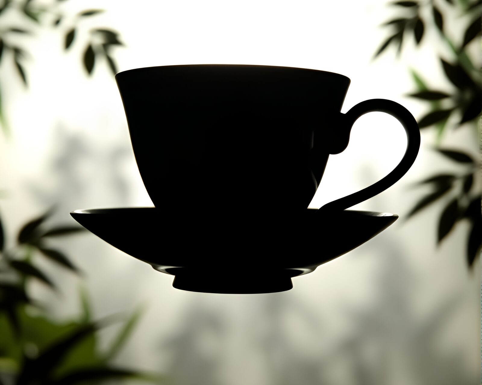Silhouette of a floating tea cup in jungle shadow