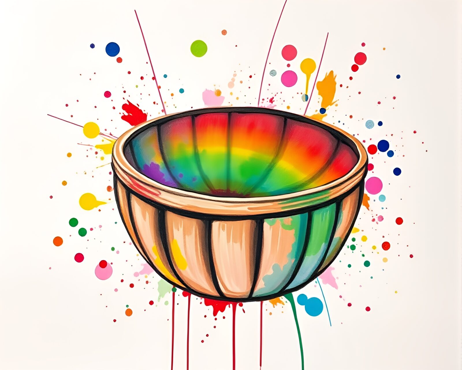 Colorful paint splatters surrounding a woven dim sum basket