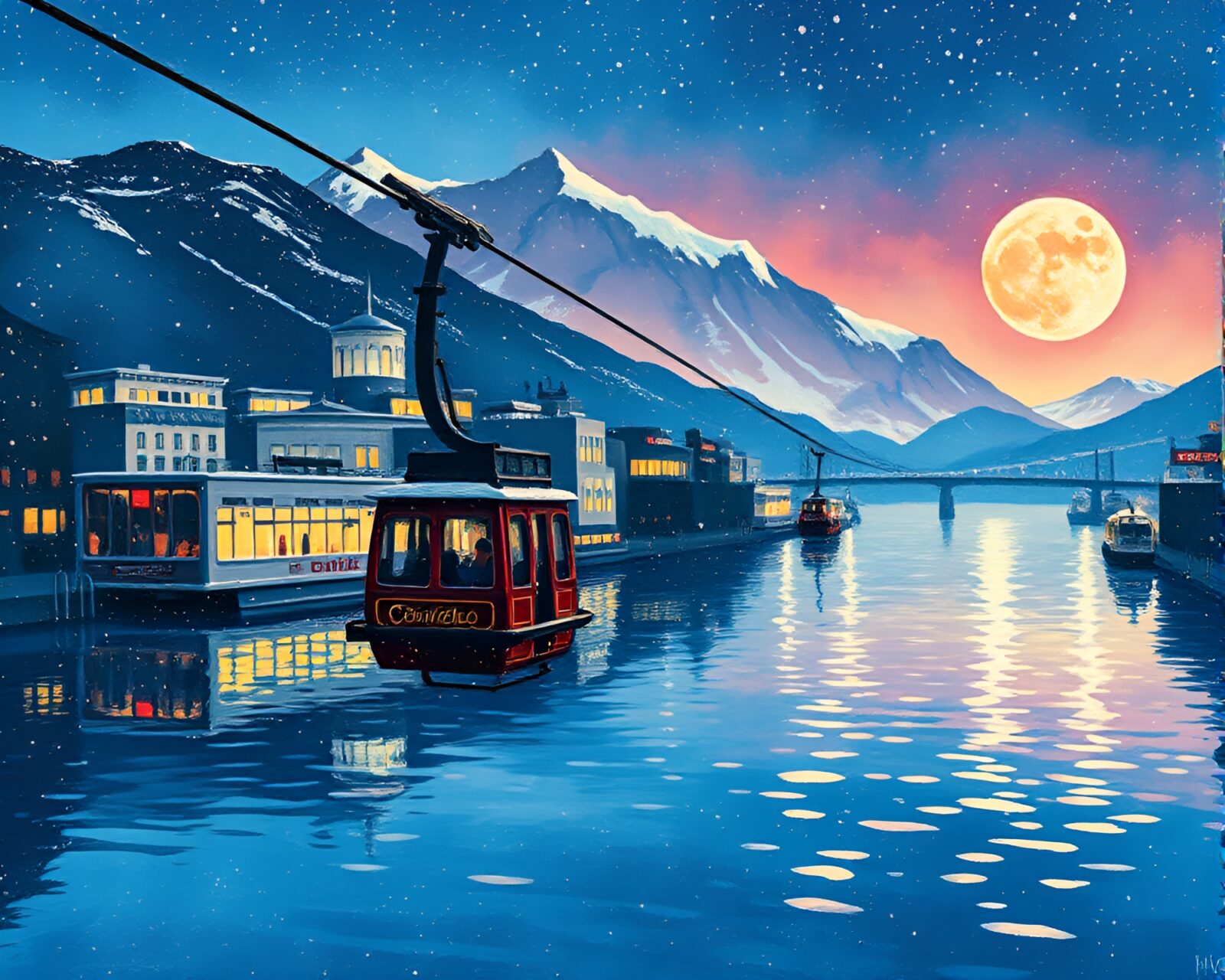 Sapphire-toned gondola lift gliding over enchanted forest