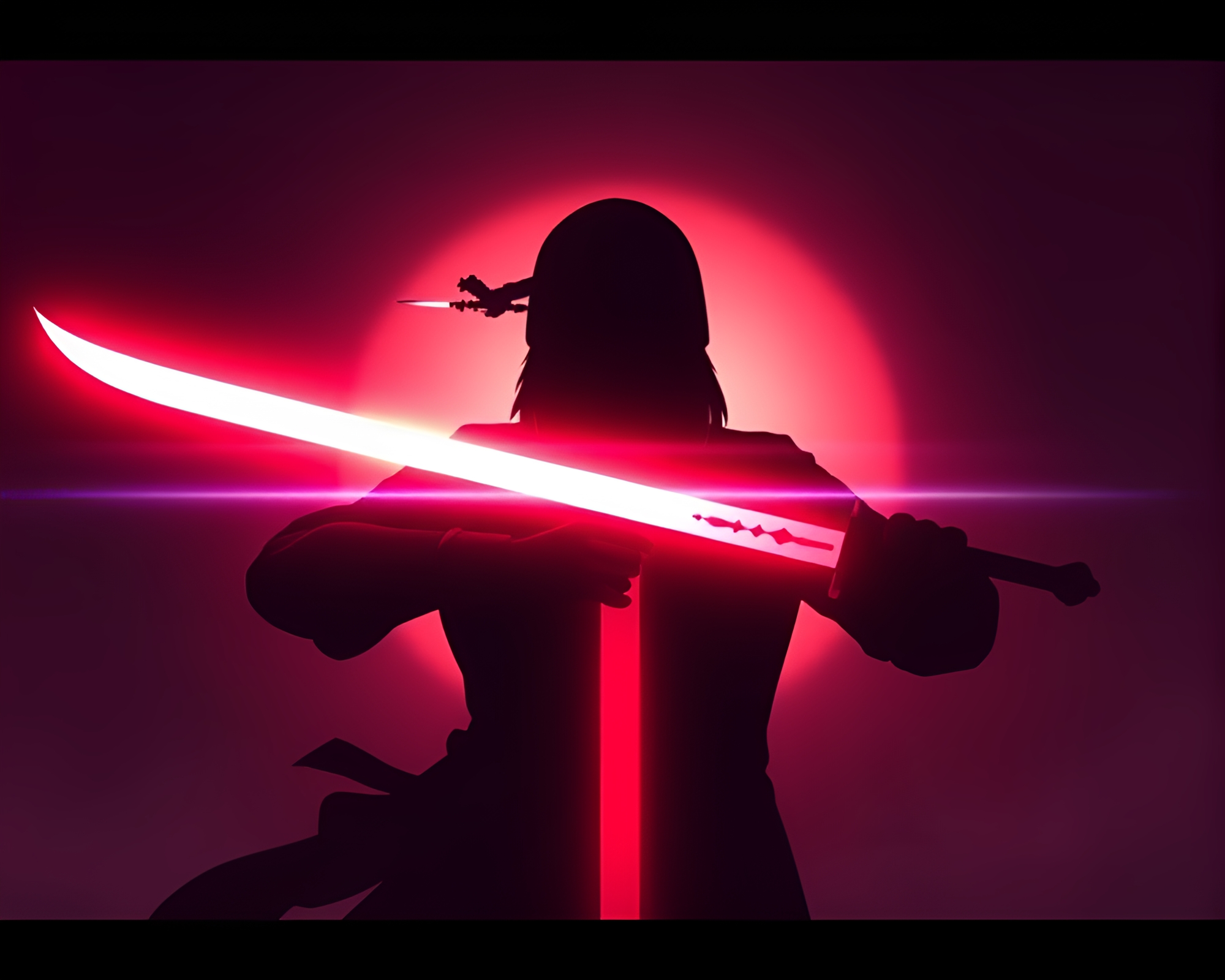 Fluorescent Sword Silhouette in Shadowy Editorial Illustration – free AI stock image