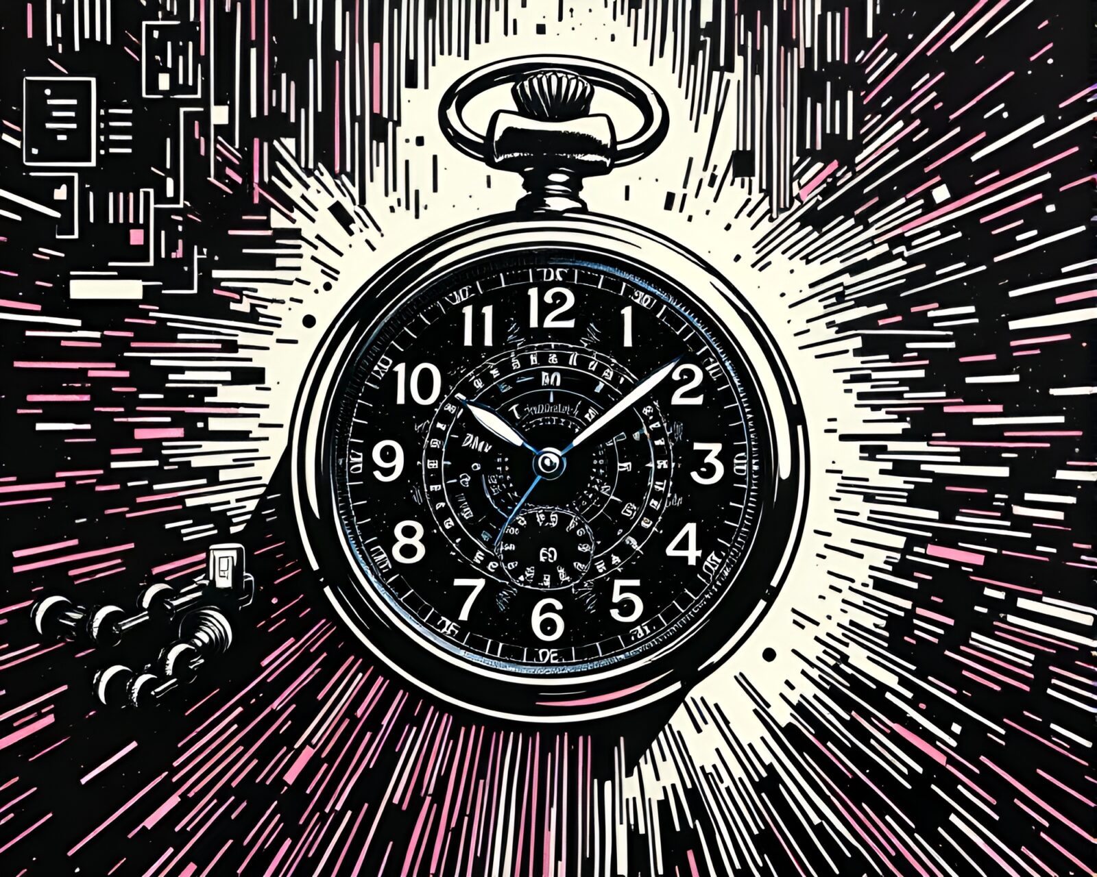 Abstract composition of a vintage pocket watch in woodcut style