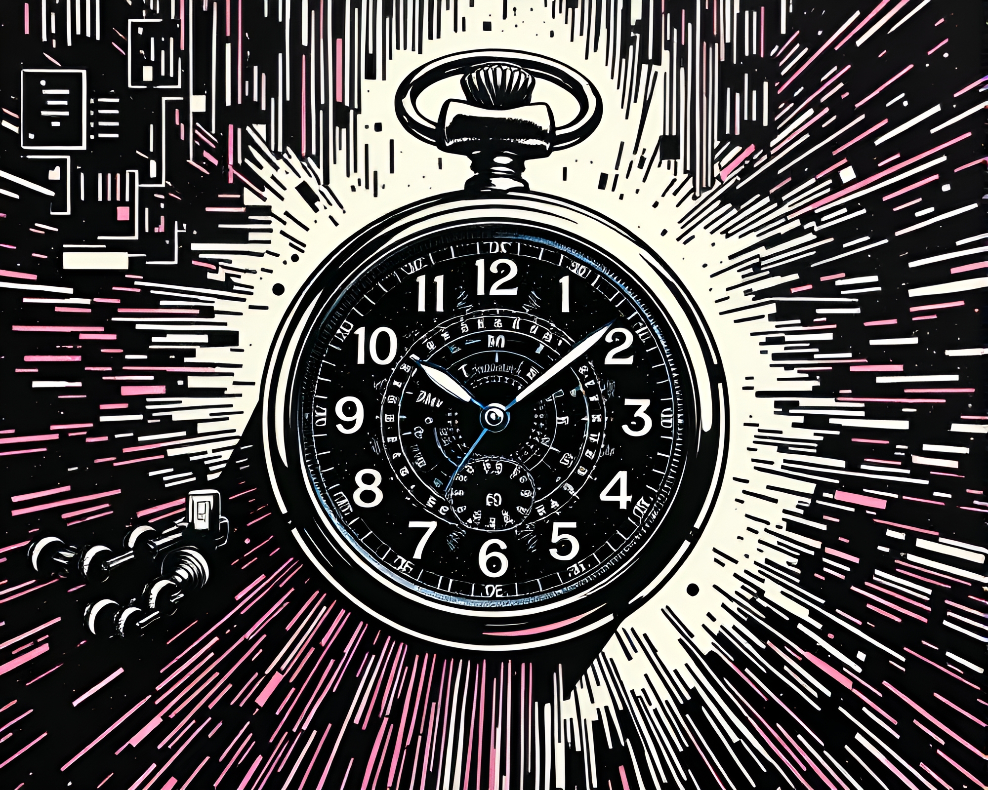 Digital Noise Pocket Watch Triadic Woodcut Print – free AI stock image