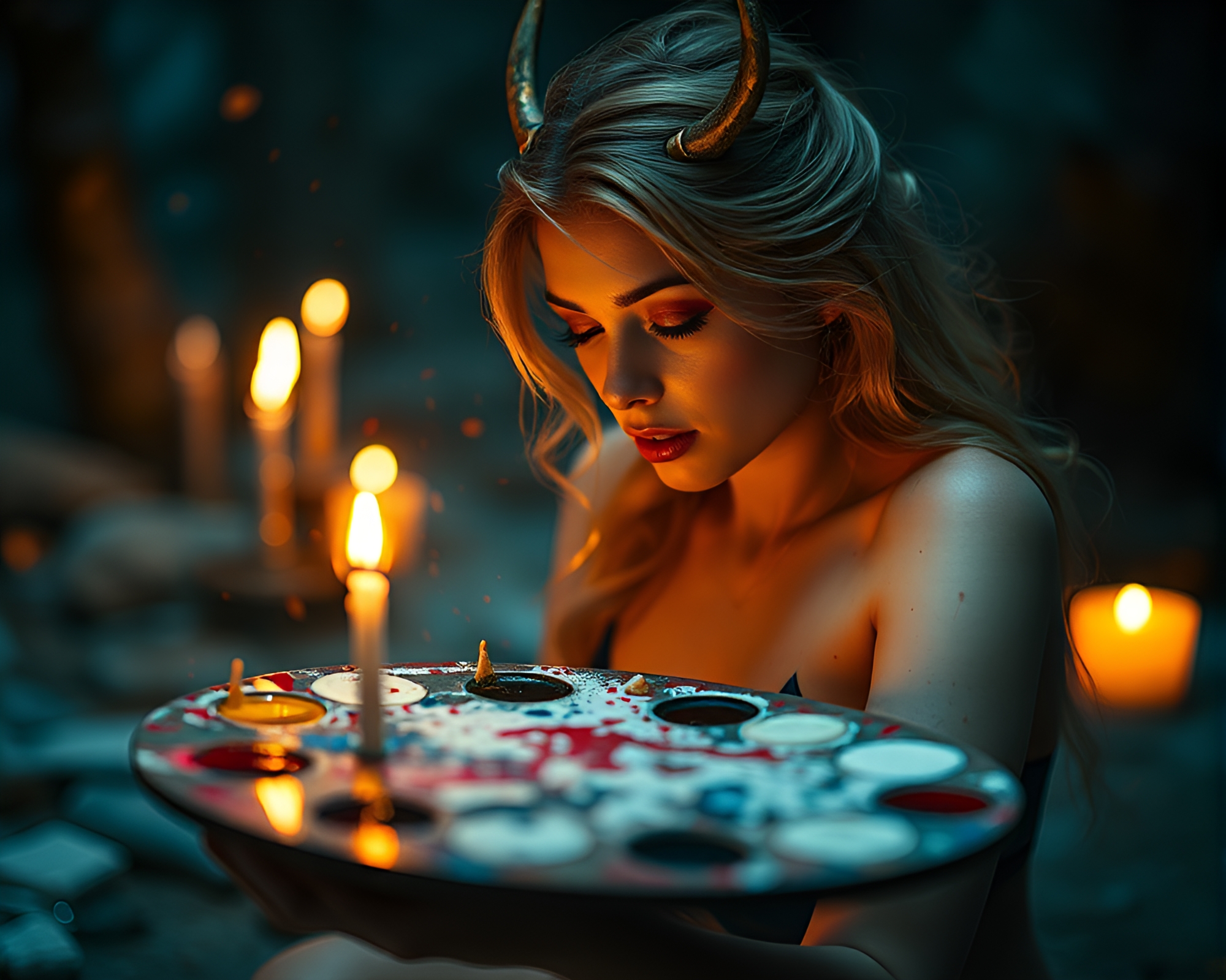 Enchanting Nymph in Candlelit Serenity with Paint Splatters – free AI stock image