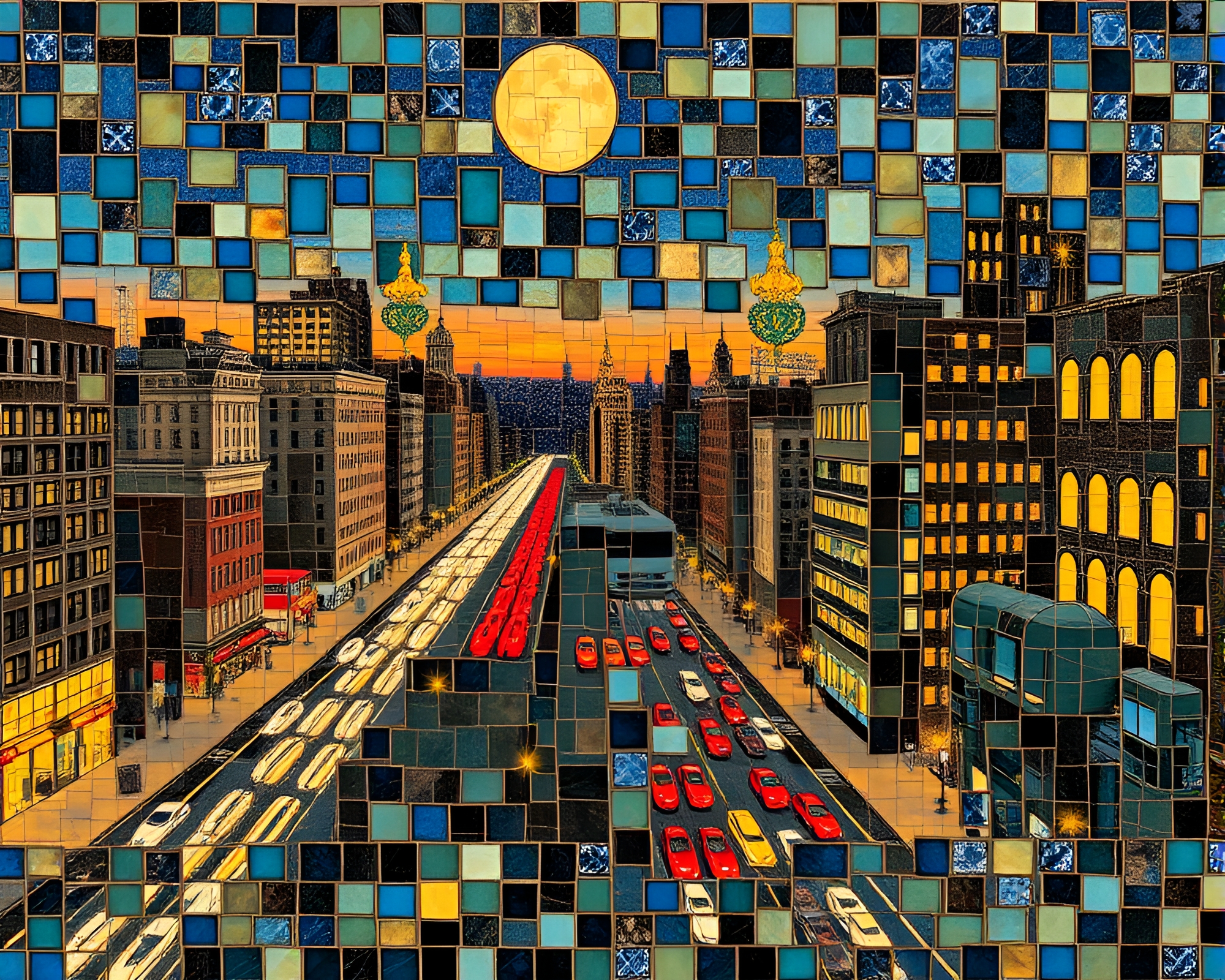 Crown City Lights: Dadaist Tiled Mosaic Collage – free AI stock image