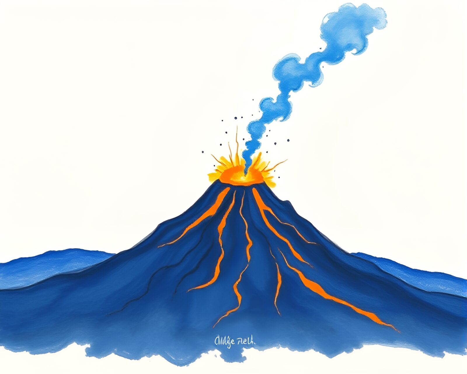 Minimalist conté crayon drawing of a volcanic eruption in cobalt blue hues