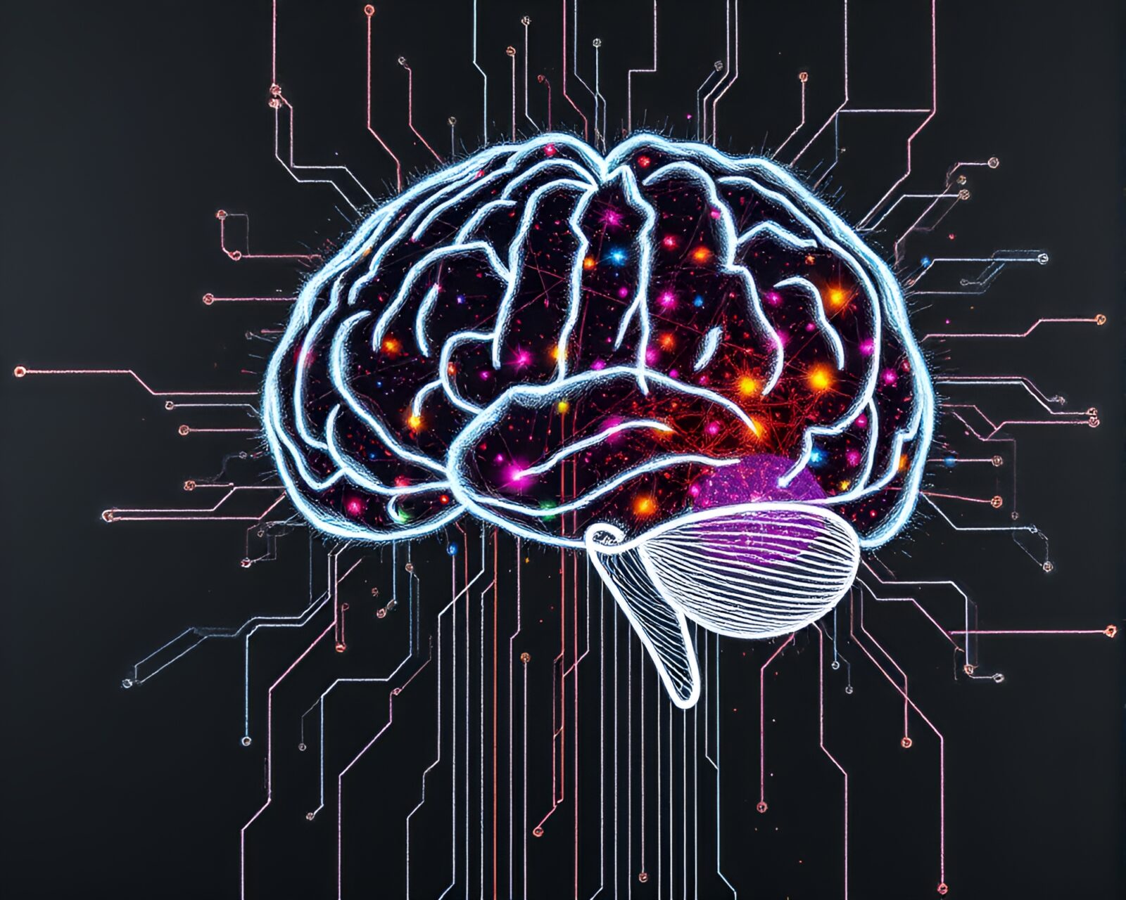 Illustration of an artificial intelligence brain structure in vibrant LEDs