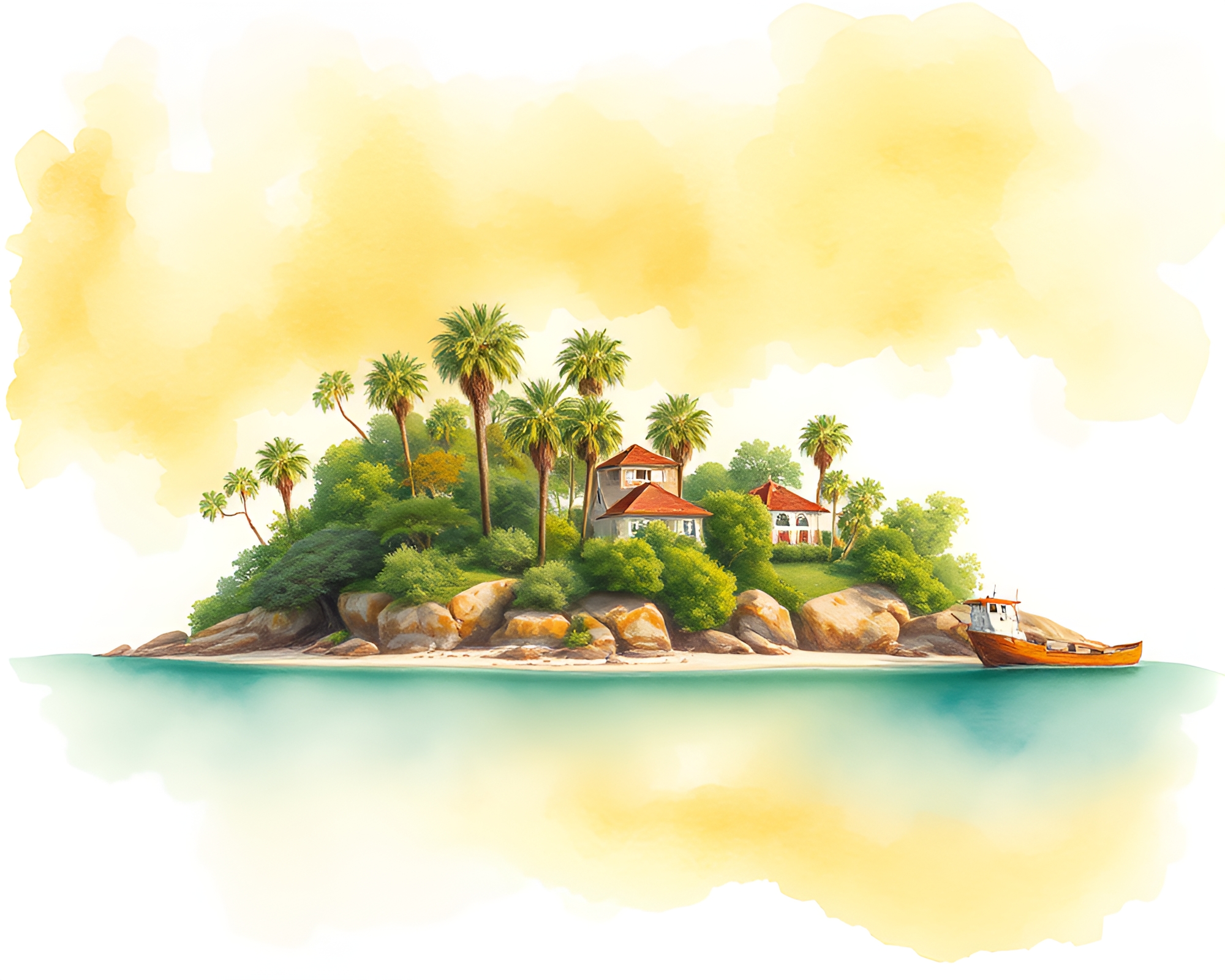 Rainbow Island Oasis Watercolor Painting – free AI stock image