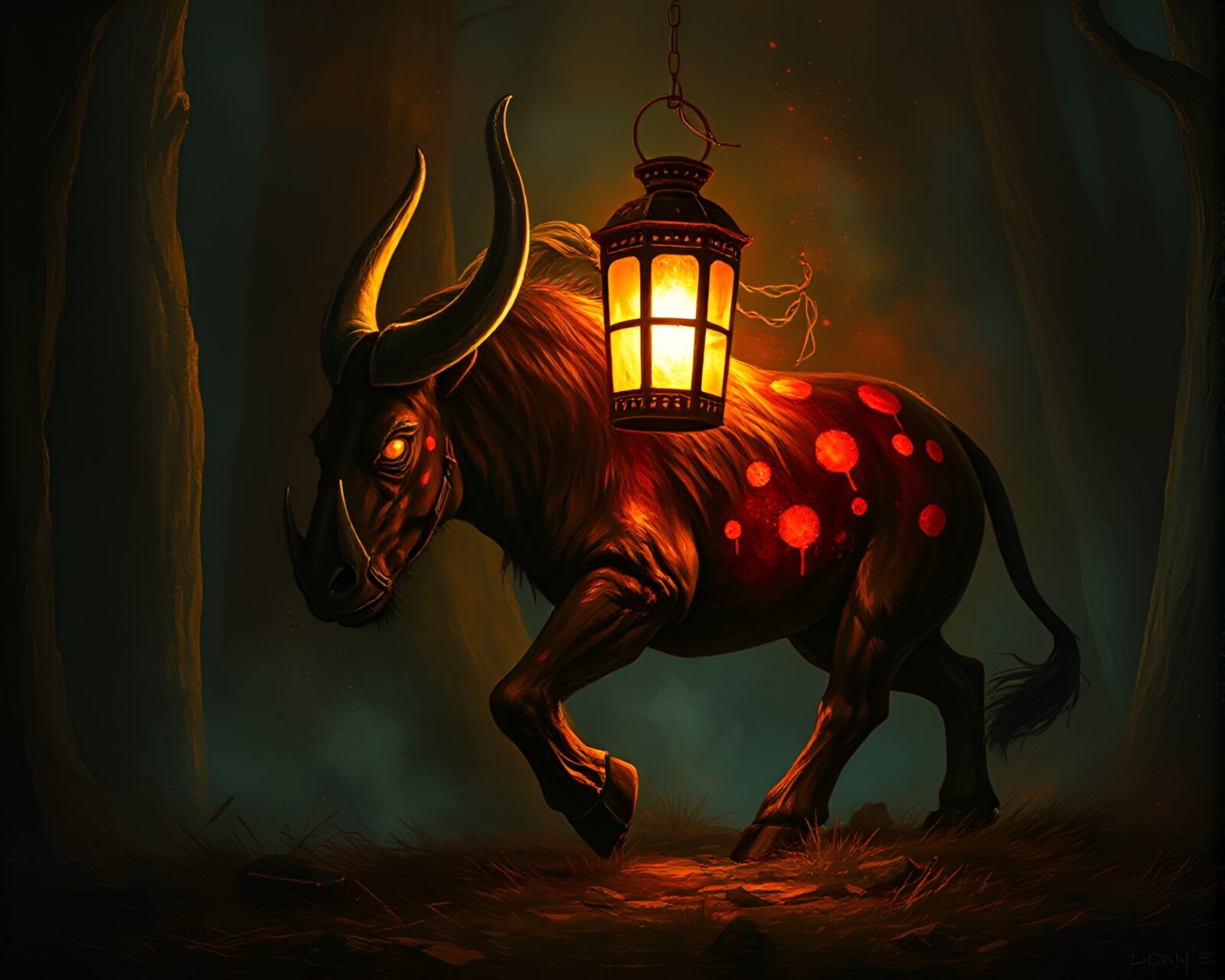 Fantastical image of Minotaur in dimly-lit cave