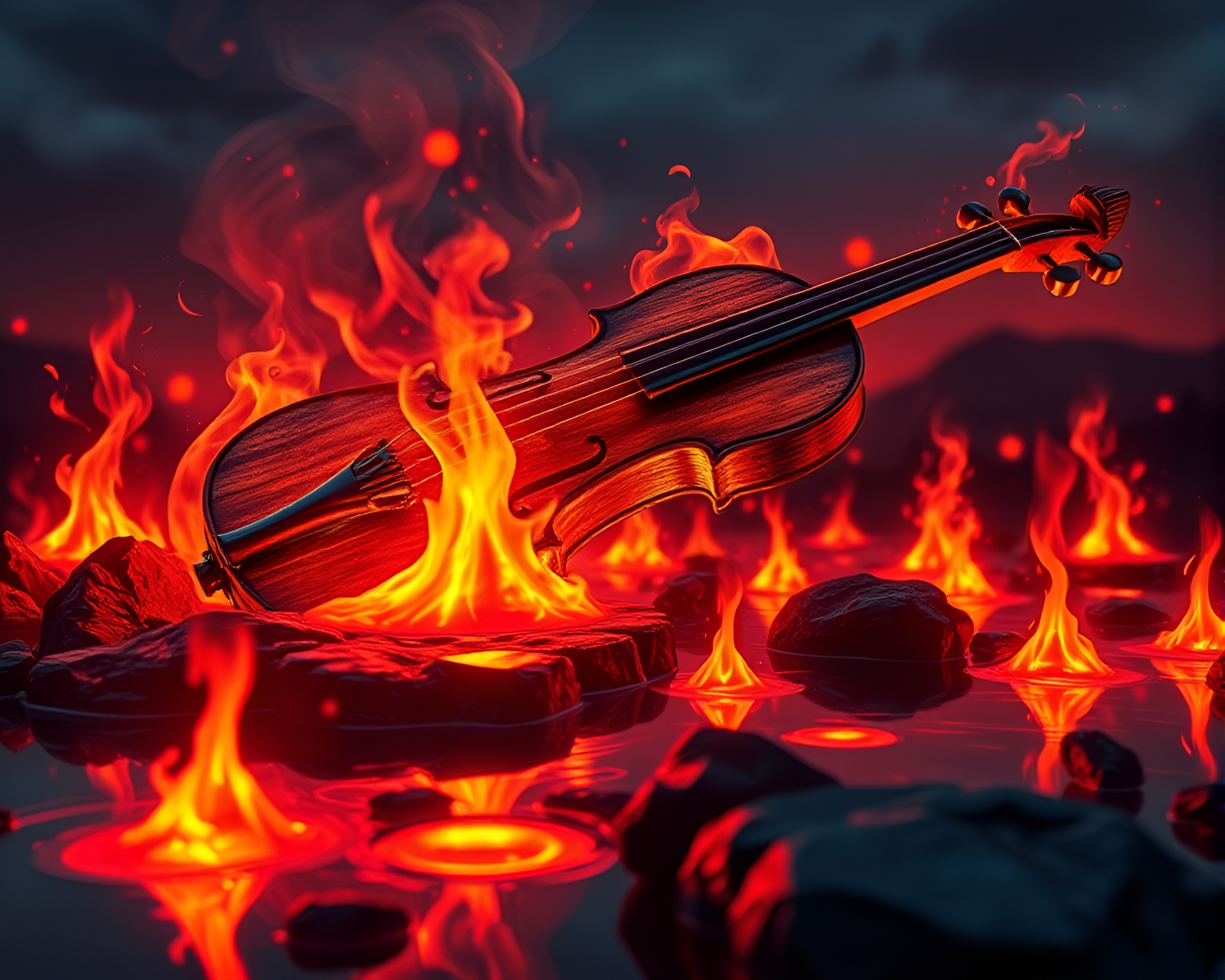 Surreal Violin Embers Dance in Volcano Glow – free AI stock image